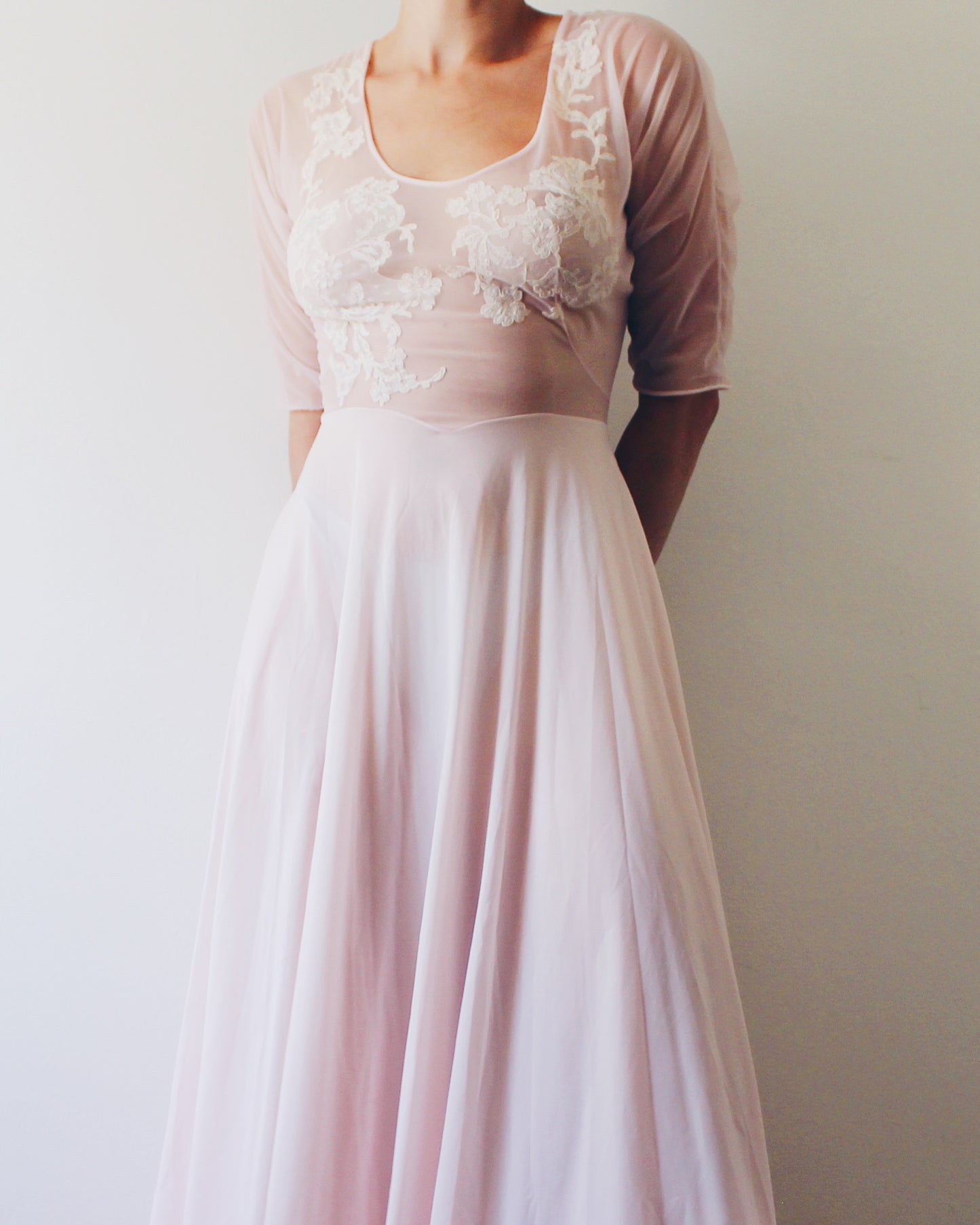 Vintage Vanity Fair Sheer Pink Nightgown S | 1950s Boudoir Lingerie Gown Embroidered Lace | A-Line Long Sheer Nightgown 3/4 Sleeve