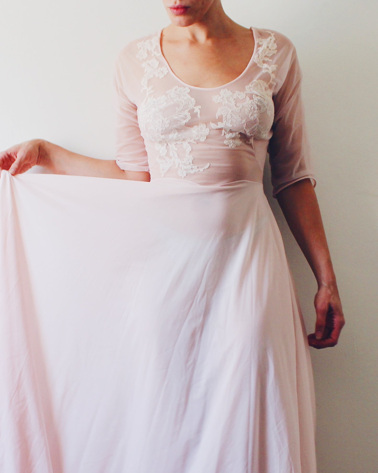 Vintage Vanity Fair Sheer Pink Nightgown S | 1950s Boudoir Lingerie Gown Embroidered Lace | A-Line Long Sheer Nightgown 3/4 Sleeve
