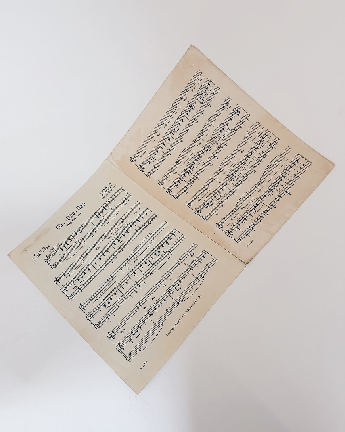 Antique sheet music: the Cho Cho San by G Puccini featuring a screen print illustration of a geisha.Antique Sheet Music Cho Cho San by Puccini, Madama Butterfly Opera, Geisha Screen Print Illustration, Vintage Ephemera Wall Art