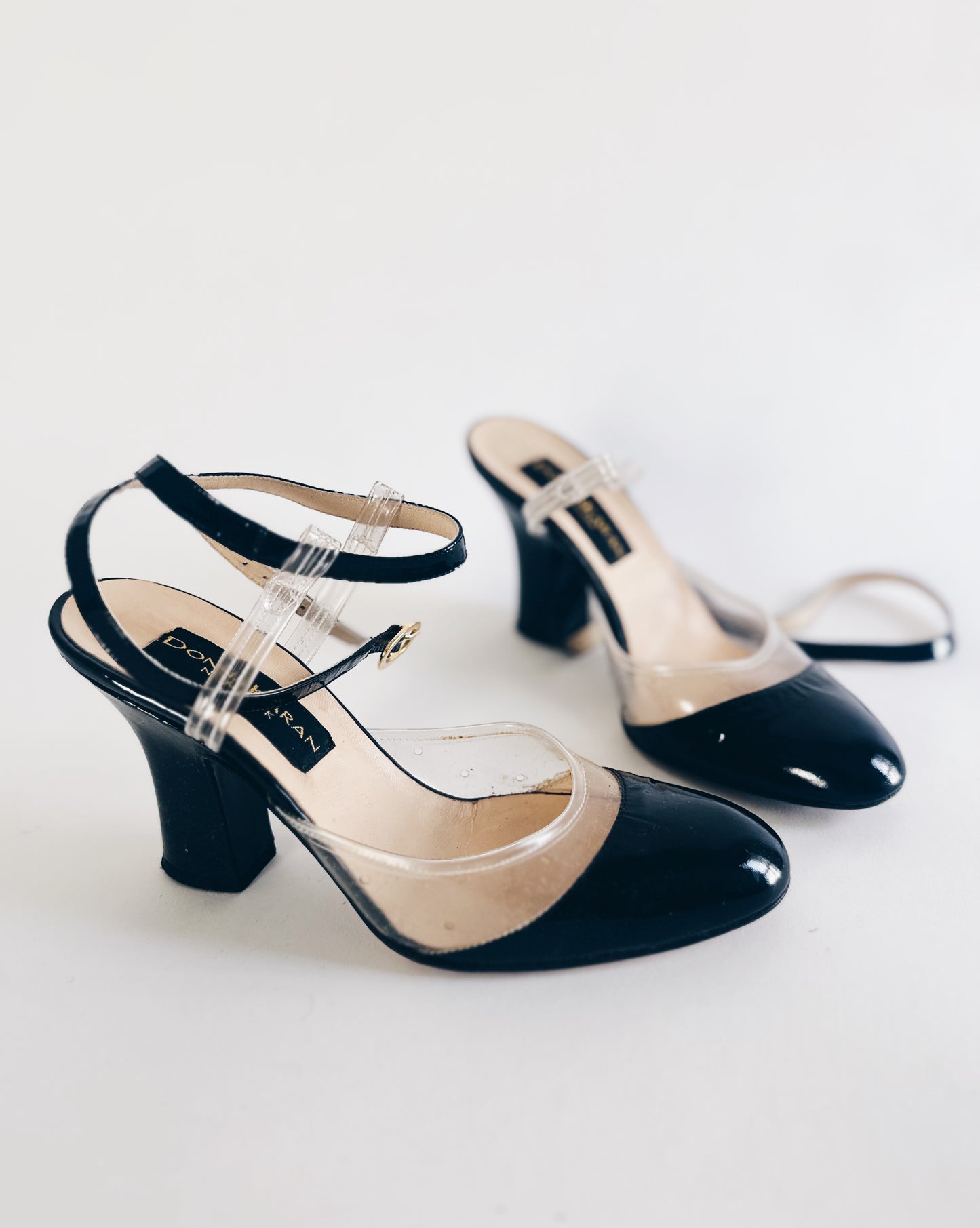 Vintage Donna Karan Cap Toe Heels – 90s Y2K Black Leather & Clear PVC Pumps | Detachable Ankle Strap Designer Shoes