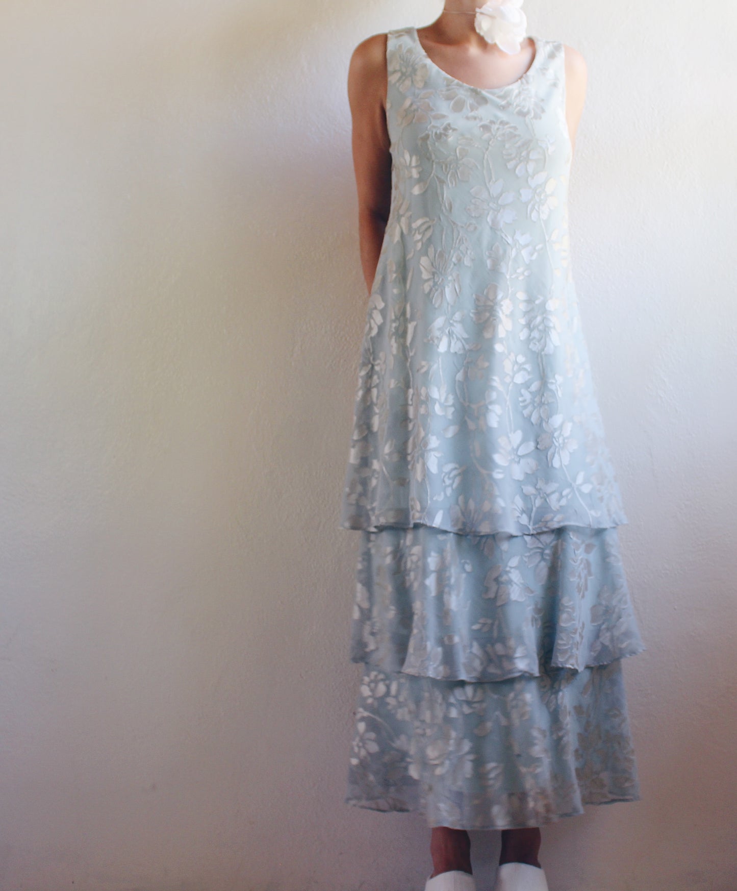 Vintage 90s Light Green Tiered Floral Maxi Dress – Ethereal Spring Cottagecore Fairycore Gown