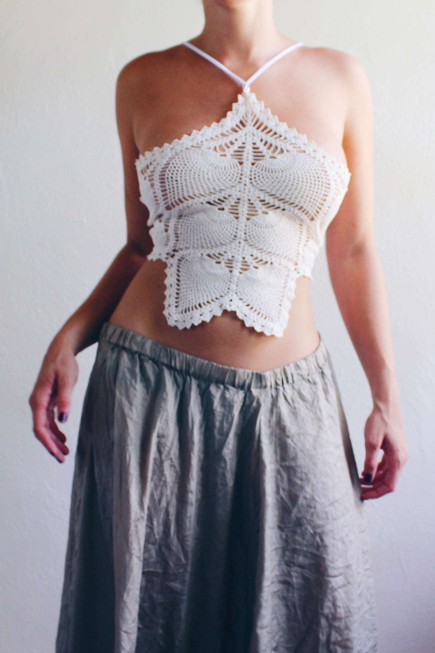 repurposed doily top / upcycled macrame crop top / reworked crochet vintage tank top