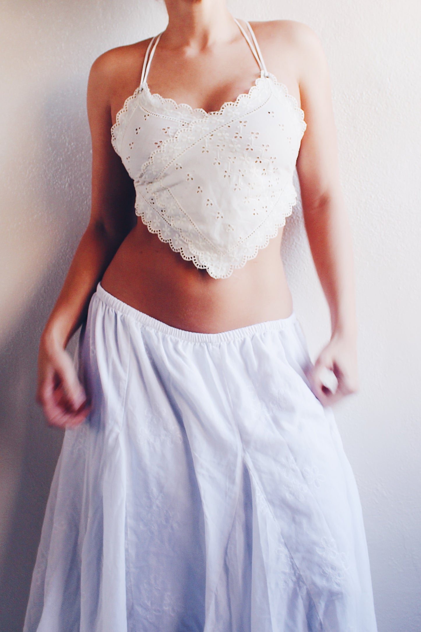 Upcycled vintage Place mat Tank / White cotton Reworked Fashion crop top / Heart shaped shirt