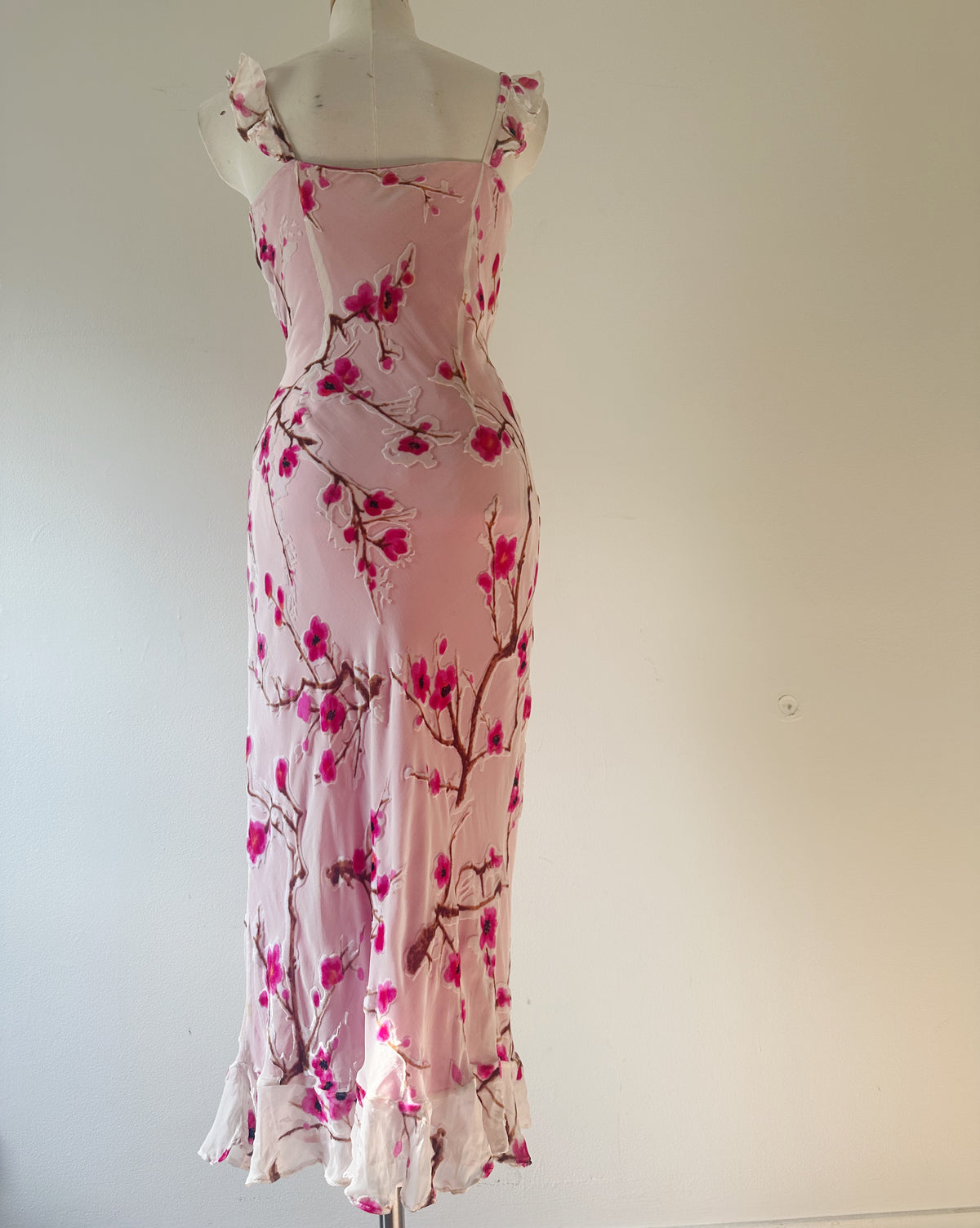 Vintage 90s Monsoon Velvet Burnout Cherry Blossom Slip Dress, Bias Cut Silk Viscose, Magenta Lining, Rare Y2K Dream Dress