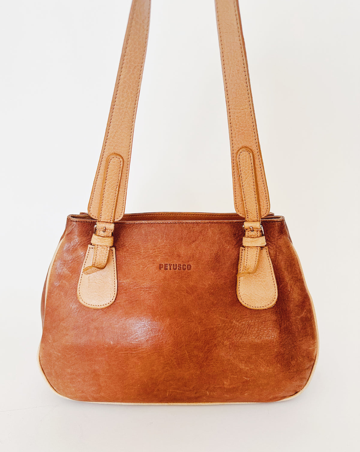 Vintage 90s Petsuco Tan Brown Leather Purse, Wabi Sabi Aged Leather Patina, Classic Retro Handbag, Earthy Neutral Everyday Bag