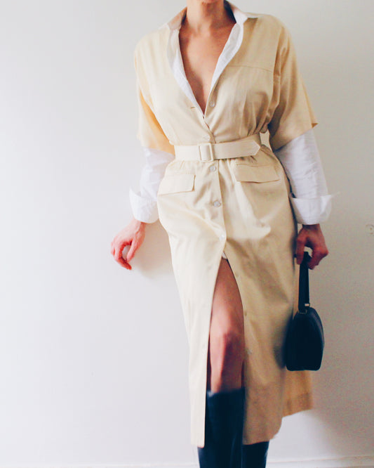 Vintage 90s Silk Trench‑Style Short Sleeve Dress – Cream Belted Waist, Professional Chic Maxi Dress