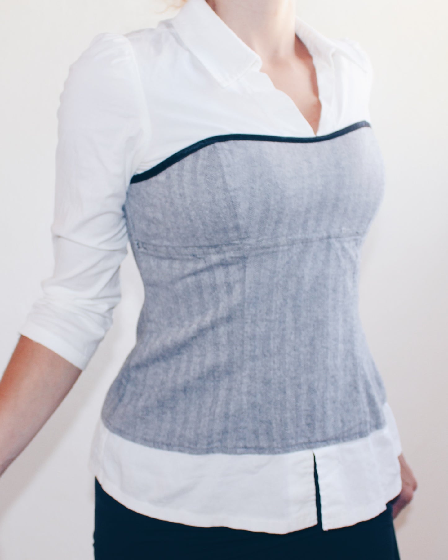 Y2K Office Siren Layered Illusion Blouse | 2000s White Collared Shirt with Grey Tube Overlay | Fitted Stretch Cotton Corporate Chic Top