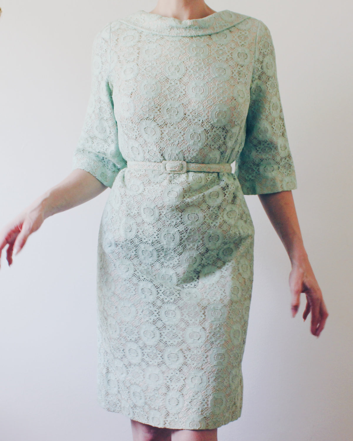 Vintage Blakely Fashions Mint Green Lace Dress S | Handmade 60s Mod Shift Dress with Belt | Retro Coquette Bracelet Sleeve Cocktail