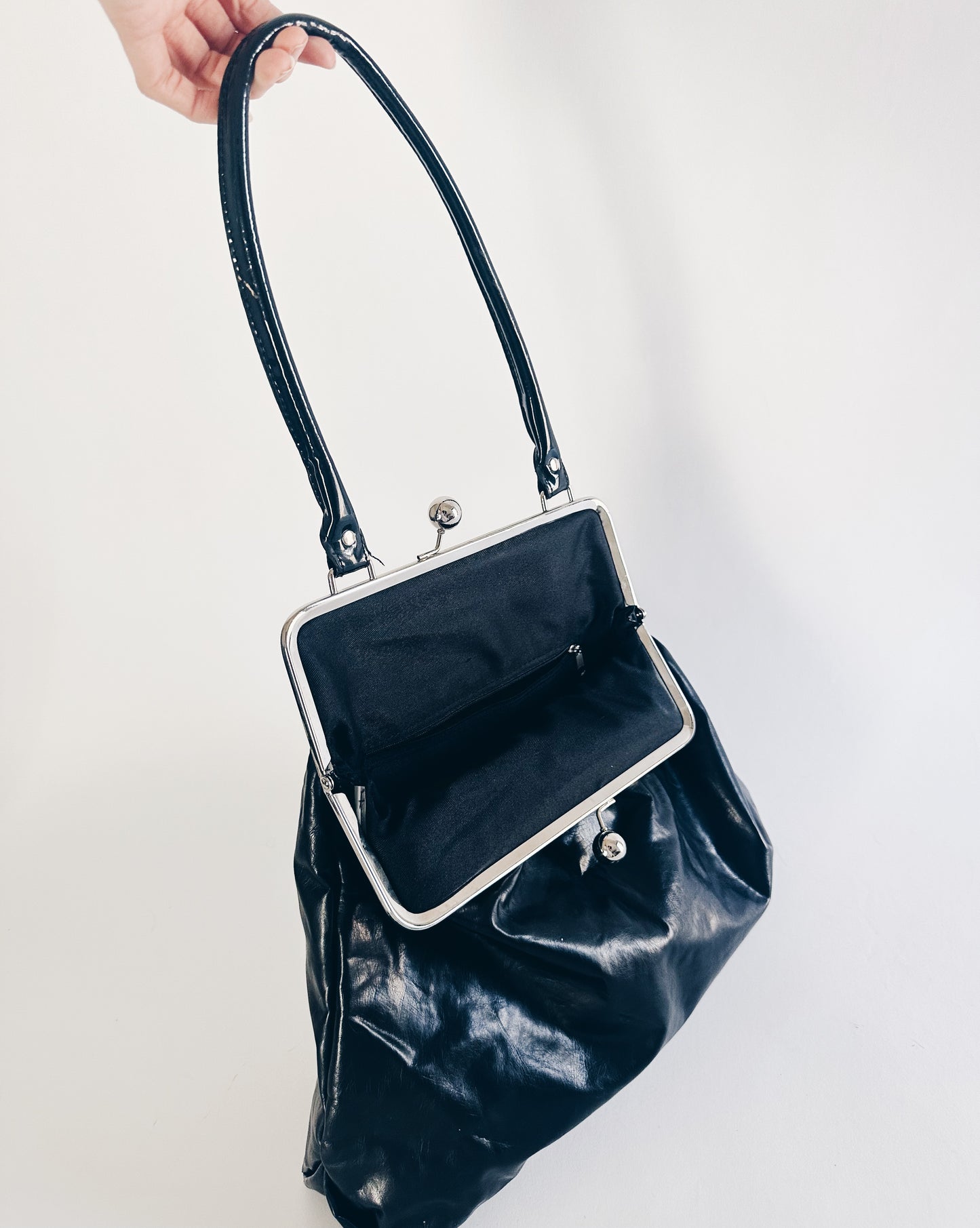 Black Giant Faux Leather Coin Purse Handbag with Silver Clasp – Bold Statement Piece