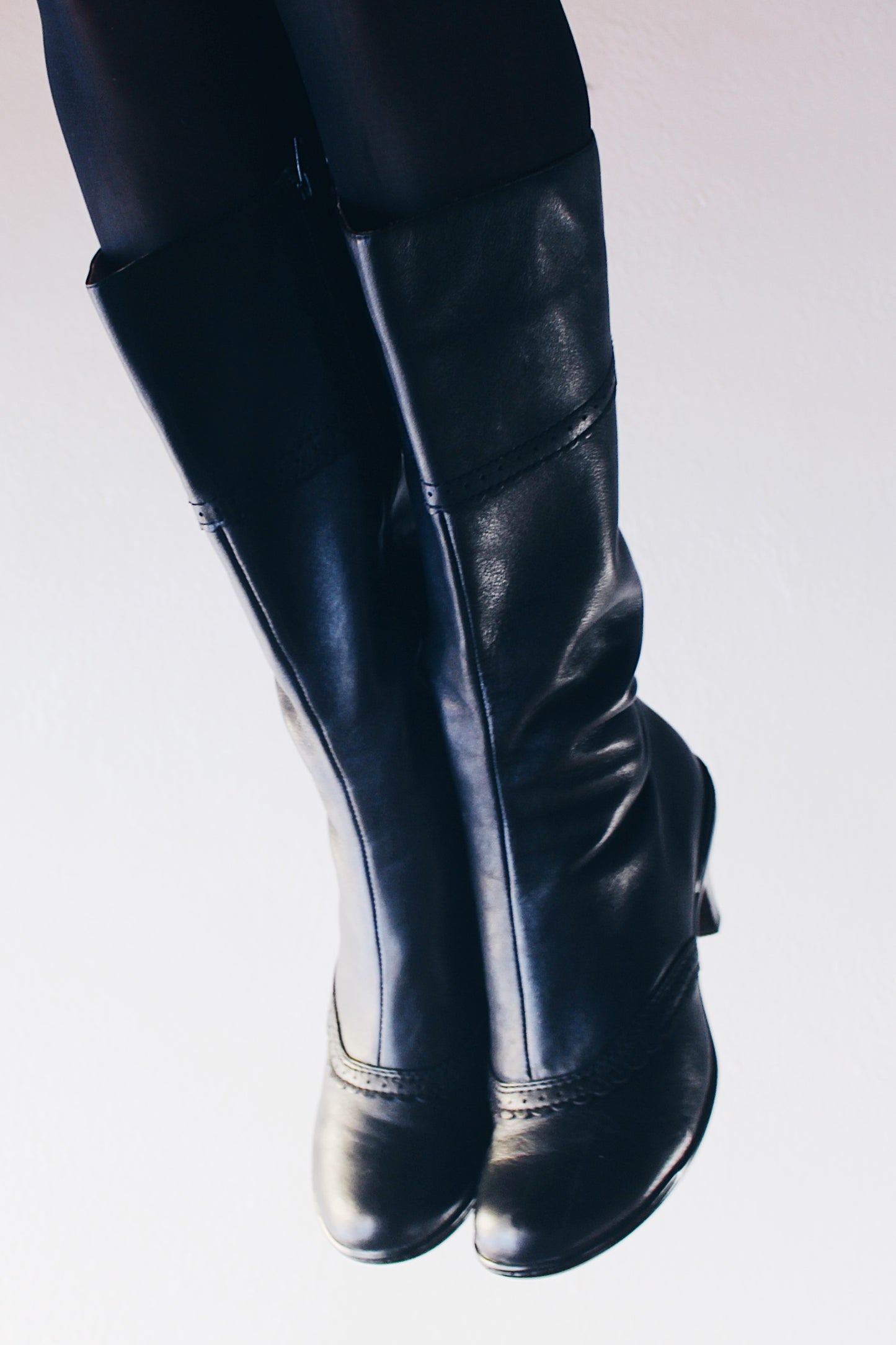 Kitten Heel Leather: Black Victorian Wingtip Boots - Calf-Length Librarian Chic