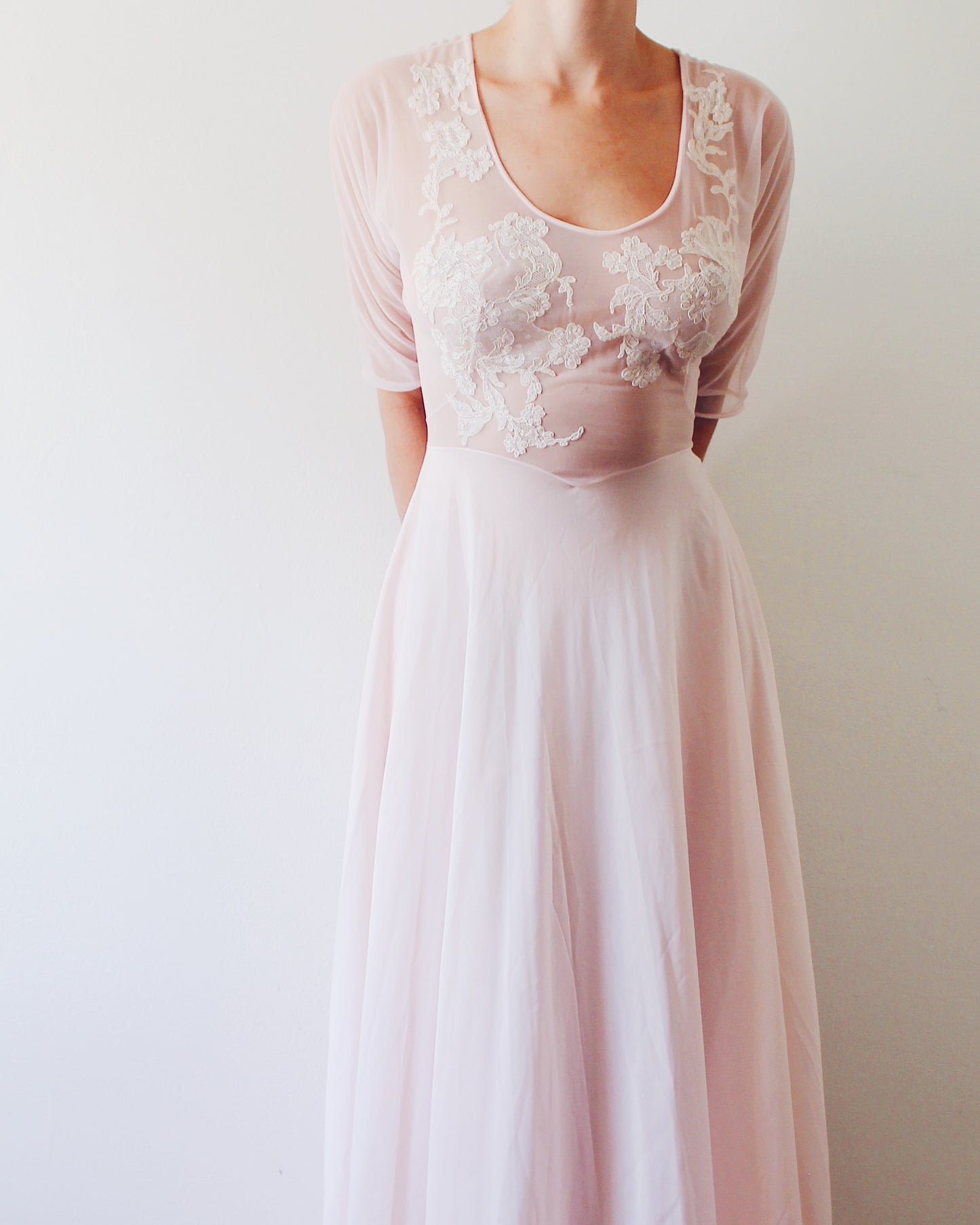 Vintage Vanity Fair Sheer Pink Nightgown S | 1950s Boudoir Lingerie Gown Embroidered Lace | A-Line Long Sheer Nightgown 3/4 Sleeve