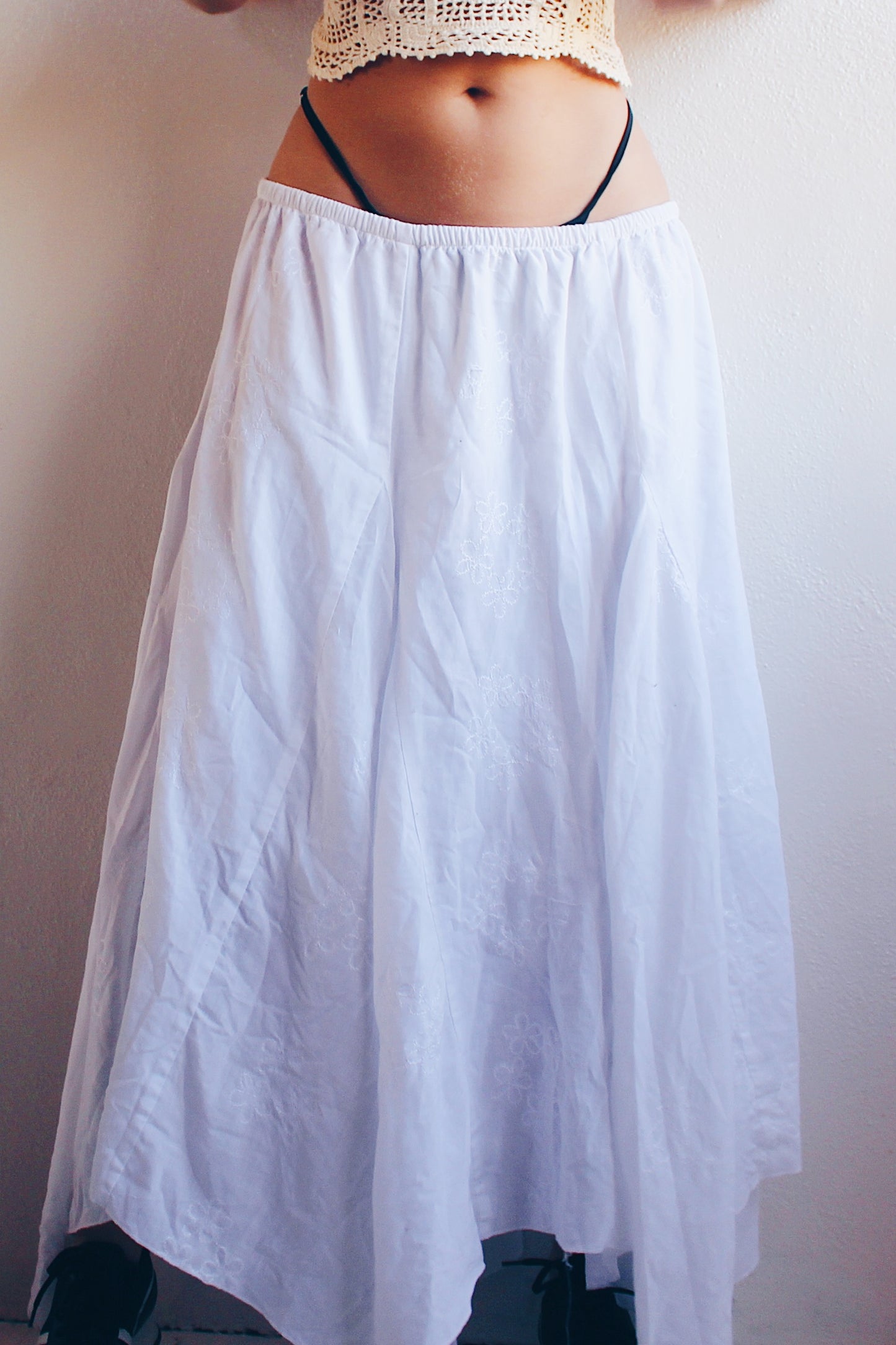 Y2K Boho Bliss: White Cotton Layered Embroidered Maxi Skirt for Summer Serenity