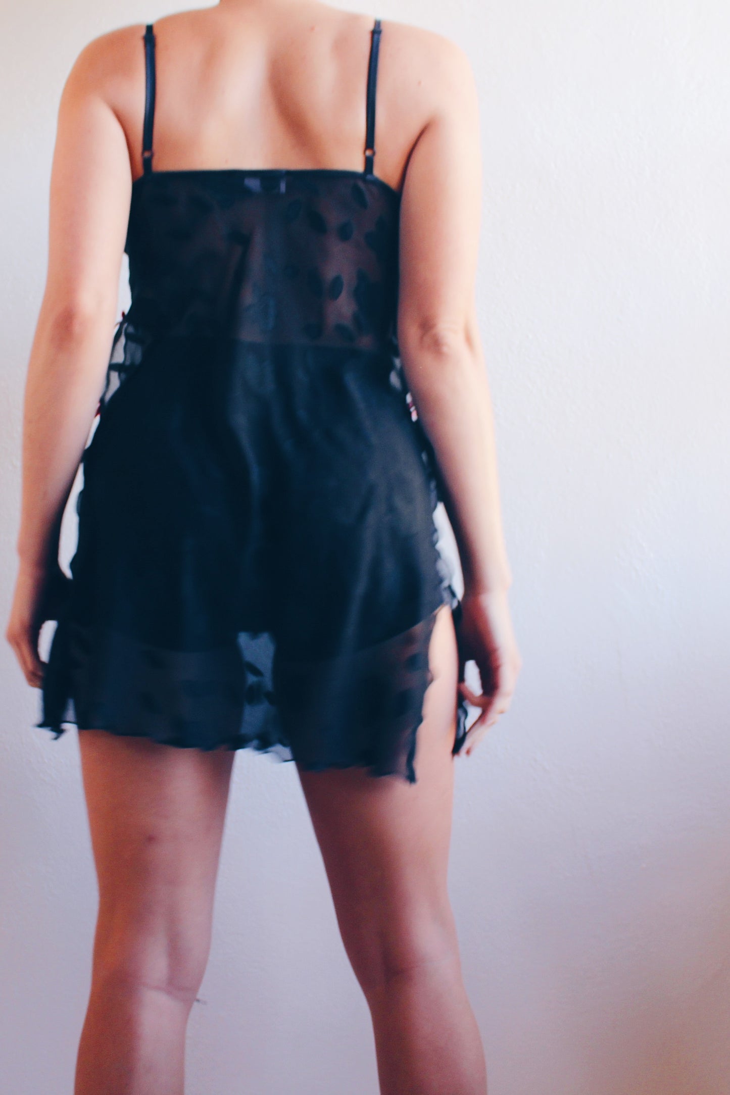 Vintage Romance: Black Sheer Babydoll Slip with Ribbon Bows