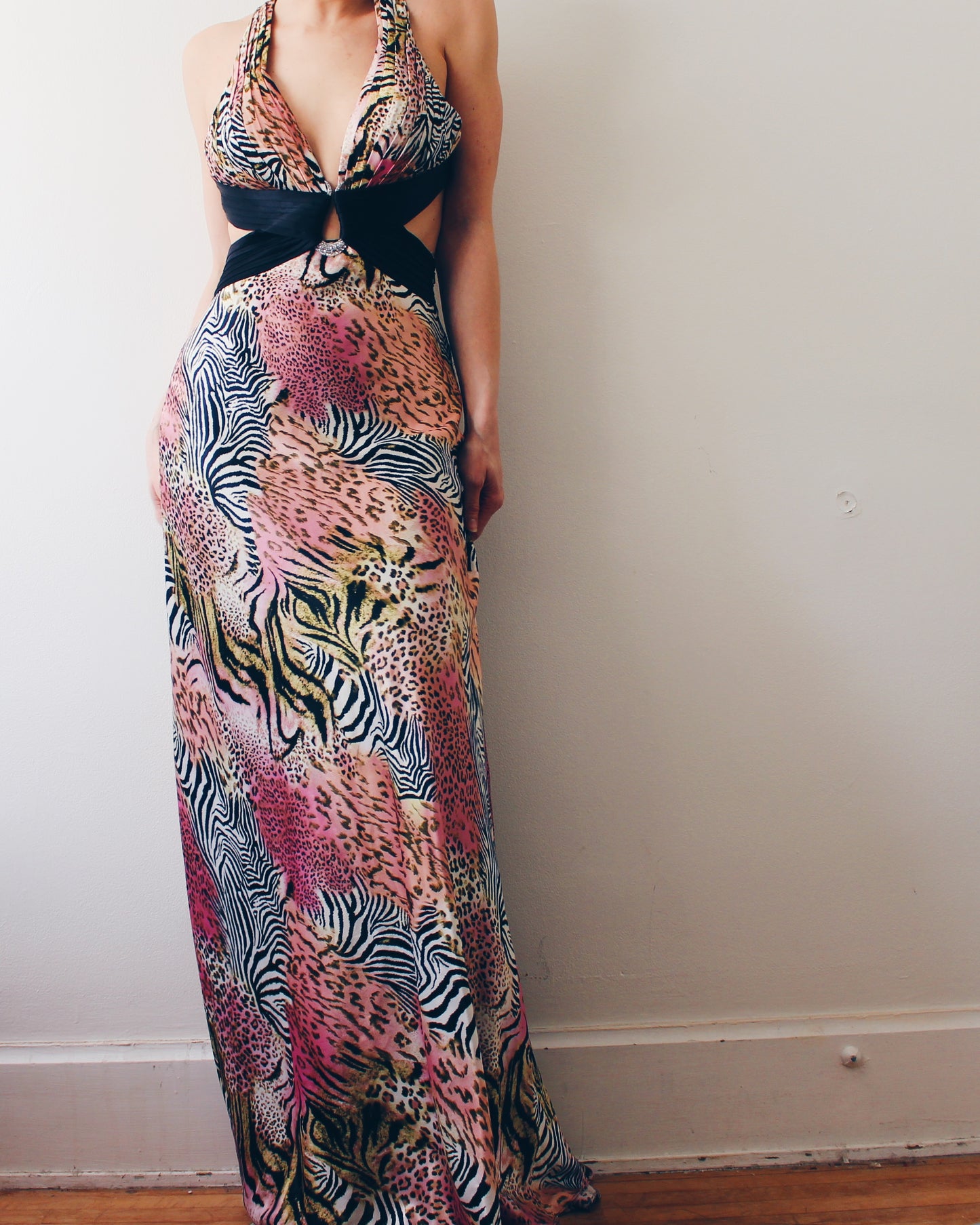 Vintage Y2K Black & Pink Zebra Print Prom Dress – Open Back Animal Print Statement Dress