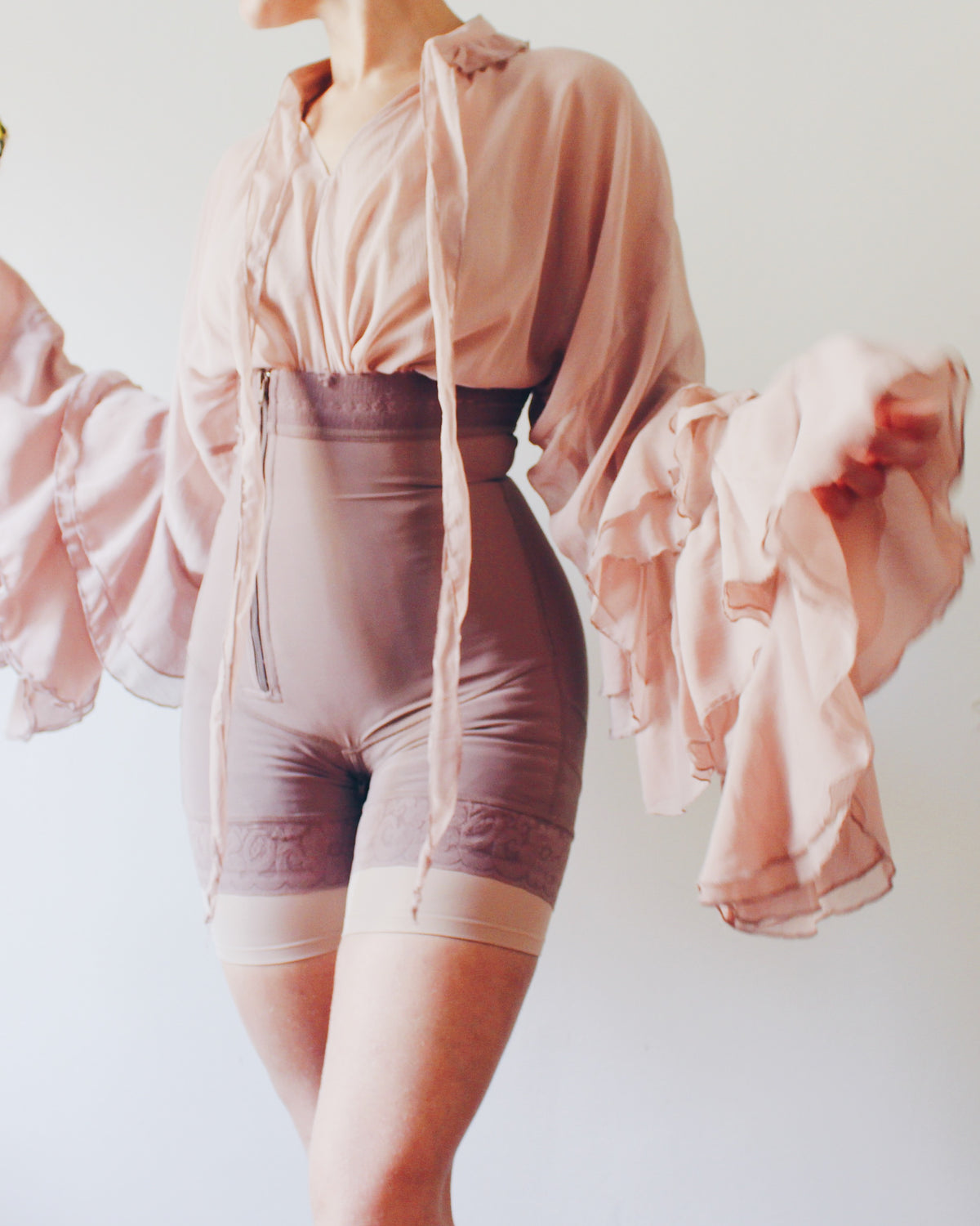 Mauve Layering Shapewear with Lace Lined Bottom, Asymmetrical Zipper, Under Bust, Detachable Straps, Soft Goth Accessory