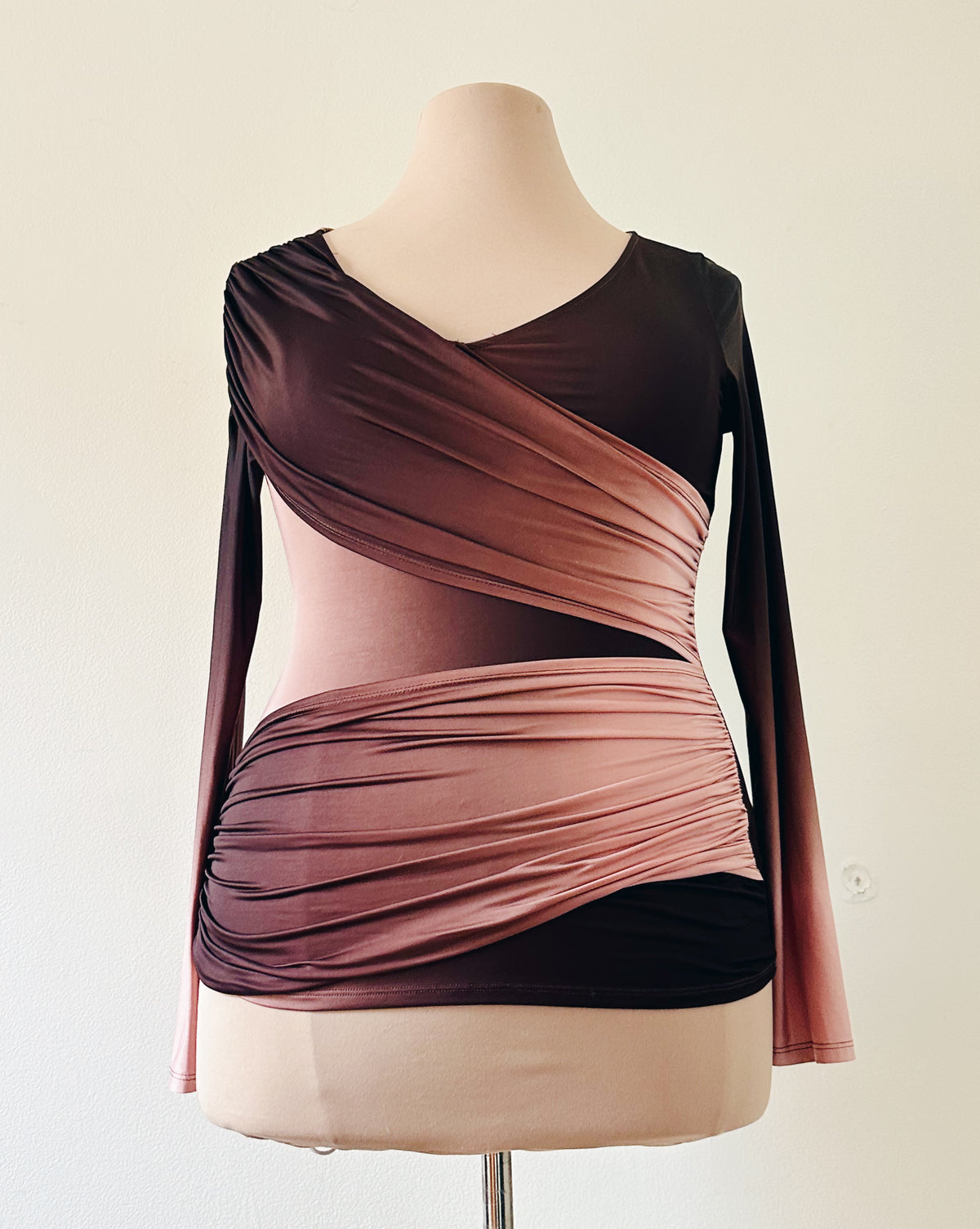 Vintage Y2K Venus Ombre Shirt, Asymmetric Long Sleeve Top, Plum to Peachy Rose Gradient, Layered Diagonal Statement Top
