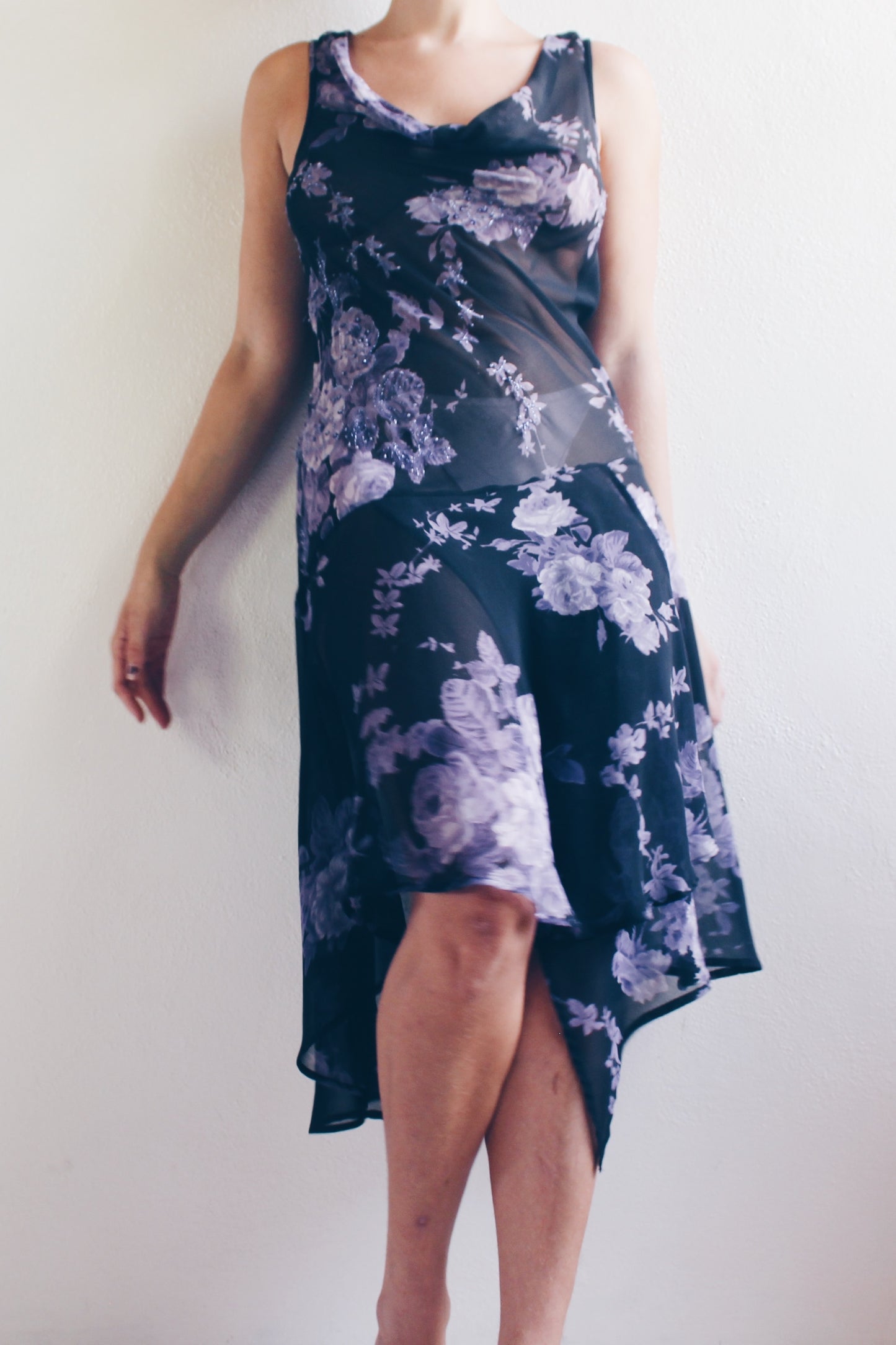 Whimsigoth Enchantment: Vintage 90s Sheer Black Floral Cowl Neck Dress