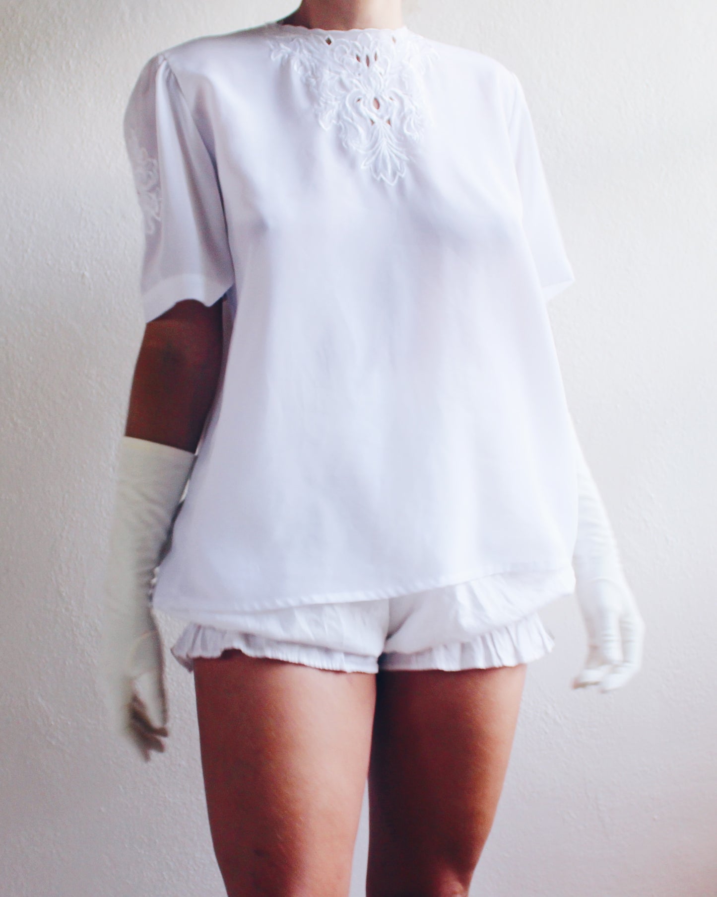 White Short Sleeve Coquette Vintage Revival Blouse - 1980s Button Back with Embroidered Cut-Out Bust | Frou Frou Edwardian Style