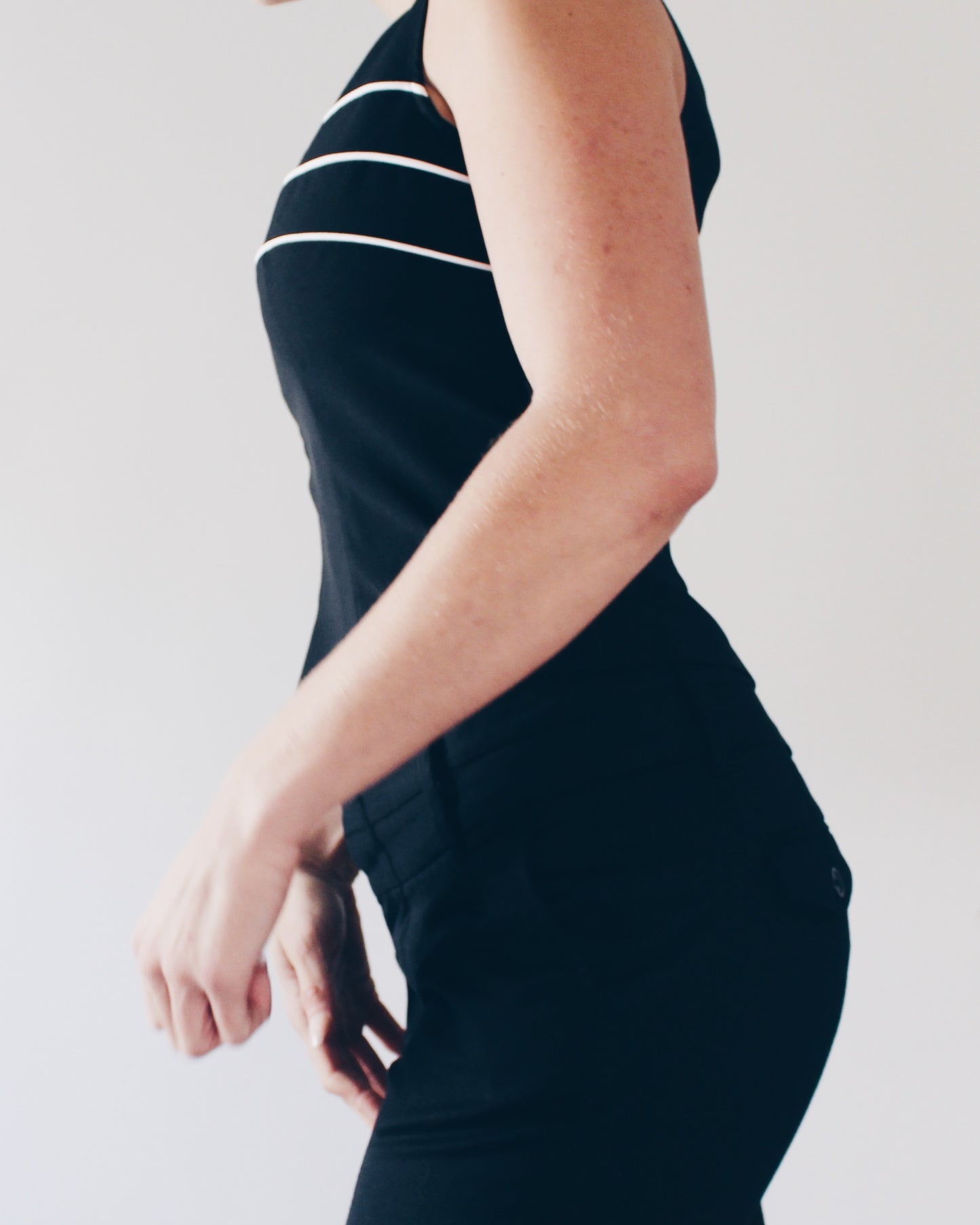 Vintage 90s Minimalist Tank Top | Black Sleeveless Top with White Stripe Detail | Back Zip Workwear Blouse | Chic Retro Layering Piece