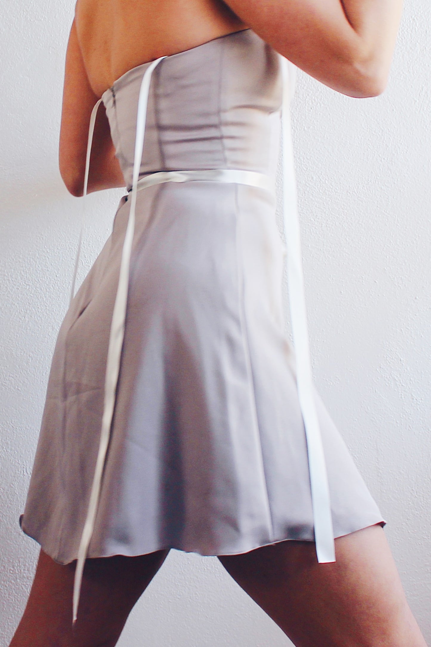 Vintage Chic Khaki-Grey Mini Dress - Form-Flattering Elegance with Upcycled Ribbon Details