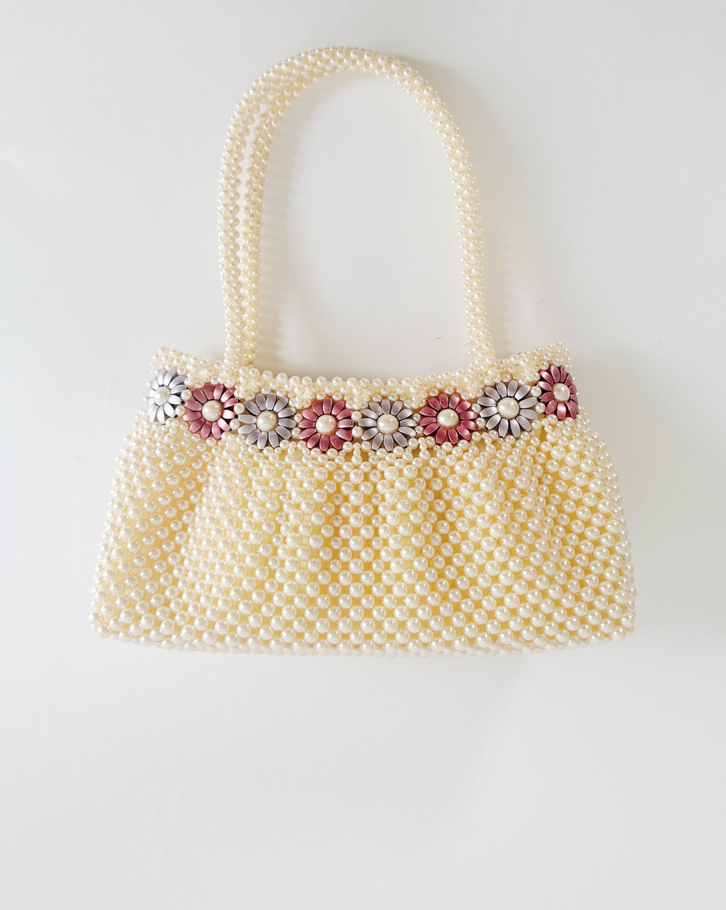 Vintage 70s Pearl Beaded Purse – Floral Detail Structured Clutch Spring Easter Bag