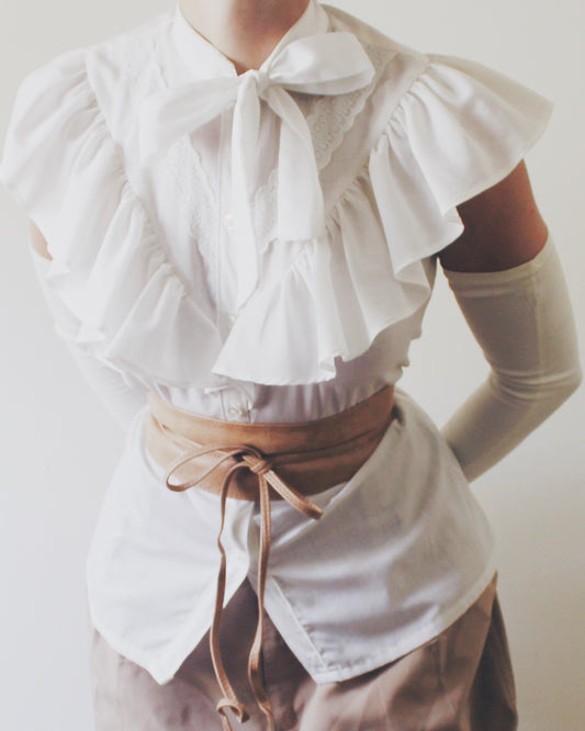 Vintage Victorian Style White Cotton Blouse Medium | 1970s-80s Bow Tie Collar Ruffle Top | Cottagecore Romantic Sleeveless top