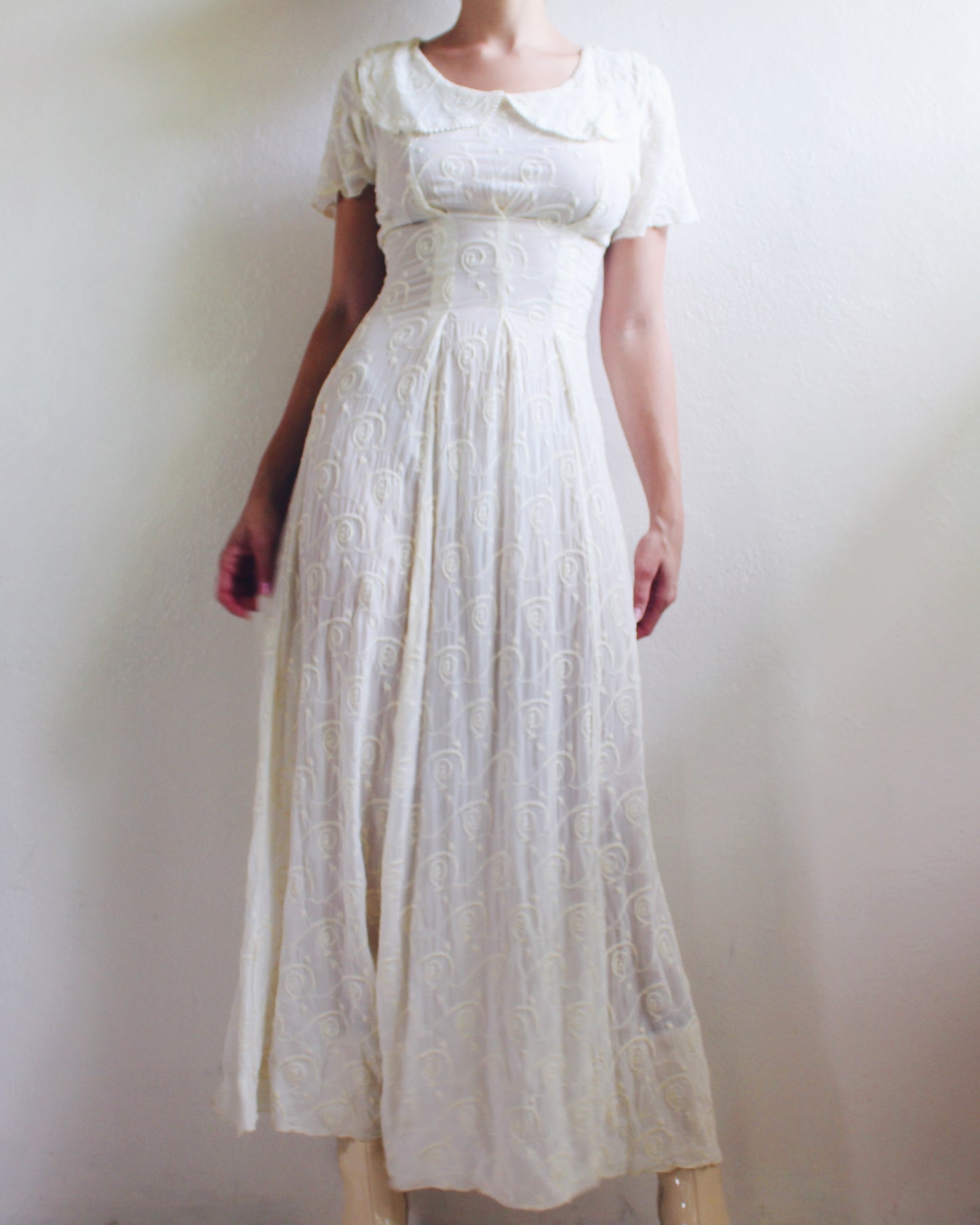 Sheer Cream Vintage Short Sleeve A-Line Prairie Dress