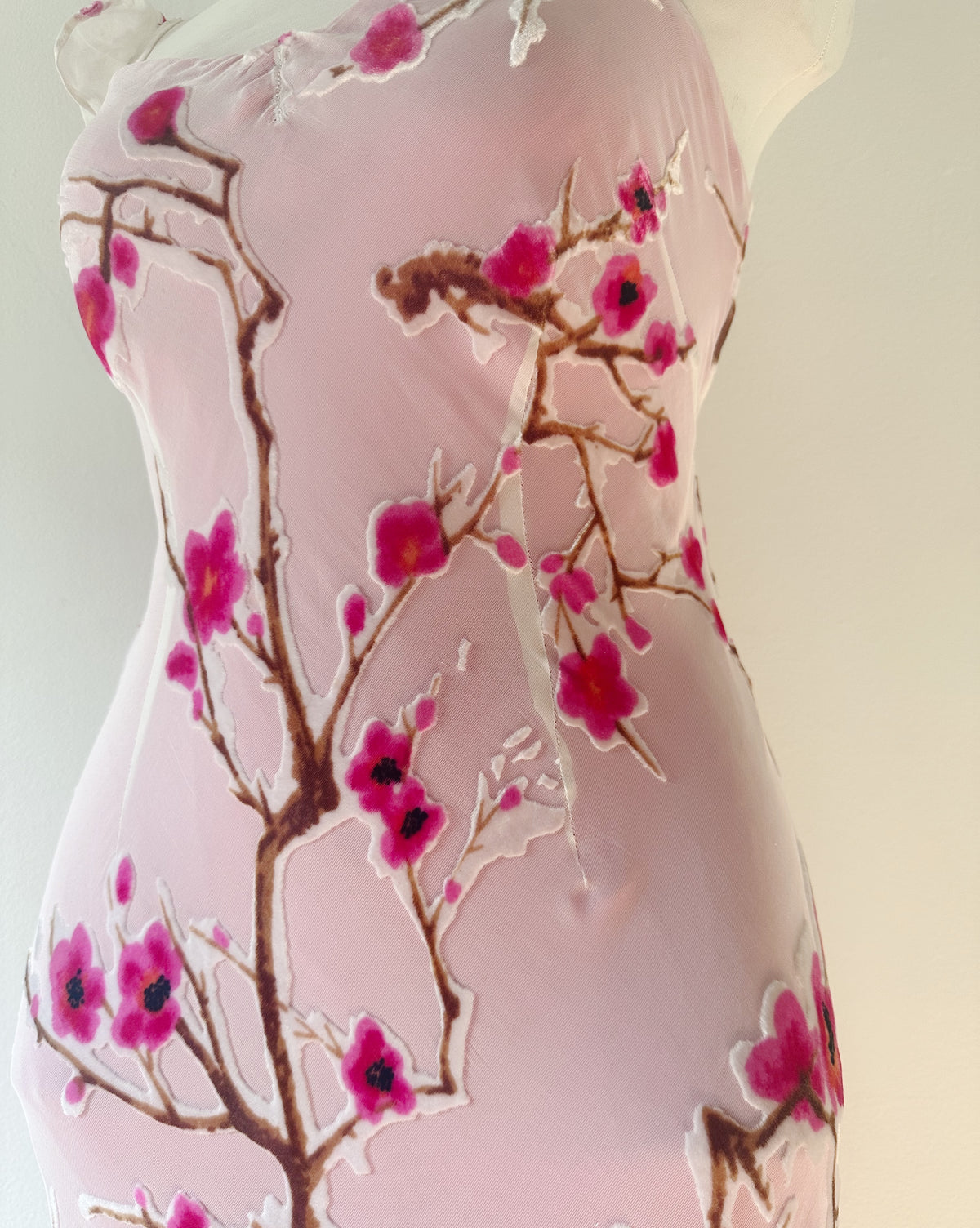 Vintage 90s Monsoon Velvet Burnout Cherry Blossom Slip Dress, Bias Cut Silk Viscose, Magenta Lining, Rare Y2K Dream Dress