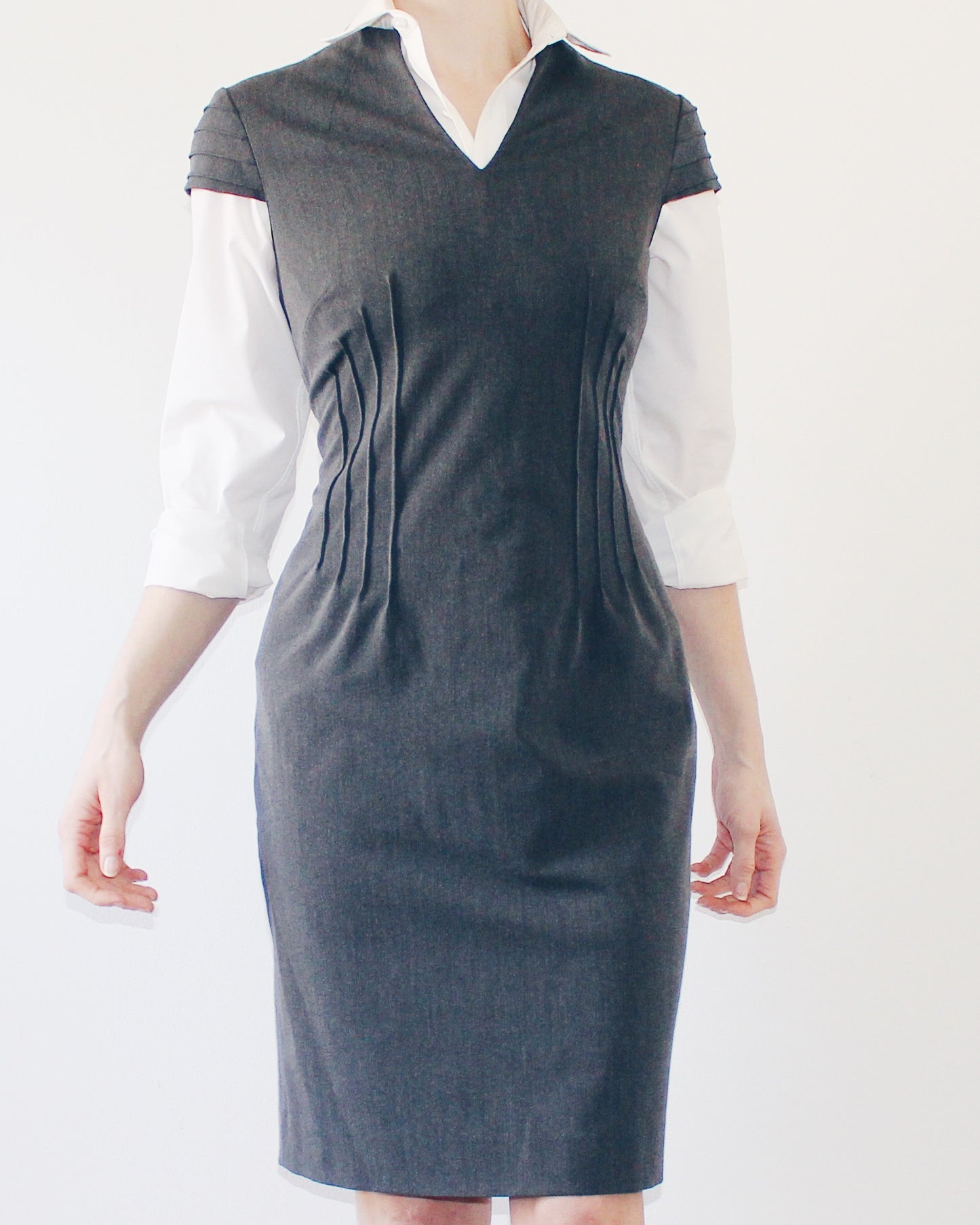 Office Layering Dress Gray Work Dress Professional Office Sheath Dress Short Sleeve Semi Formal Business Casual