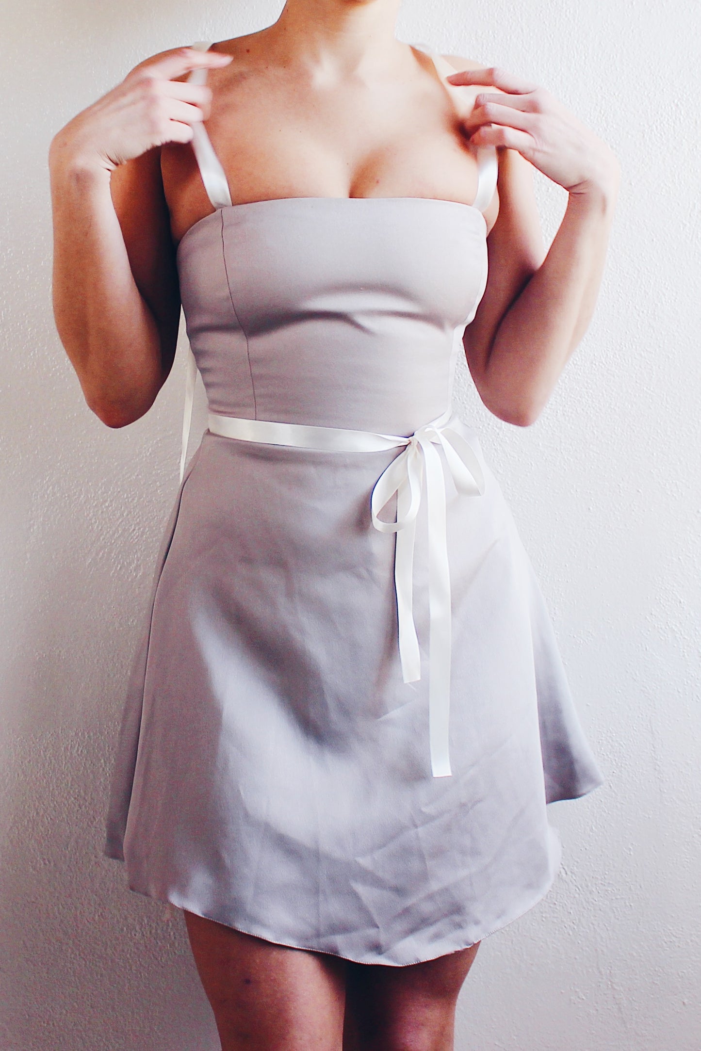 Vintage Chic Khaki-Grey Mini Dress - Form-Flattering Elegance with Upcycled Ribbon Details