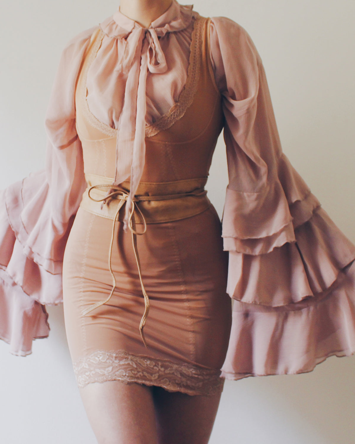 Tan Nude Shapewear Slip Dress with Lace Lined Bottom and Bust, Victorian Soft Goth Layering Slip, Wear Over a Blouse