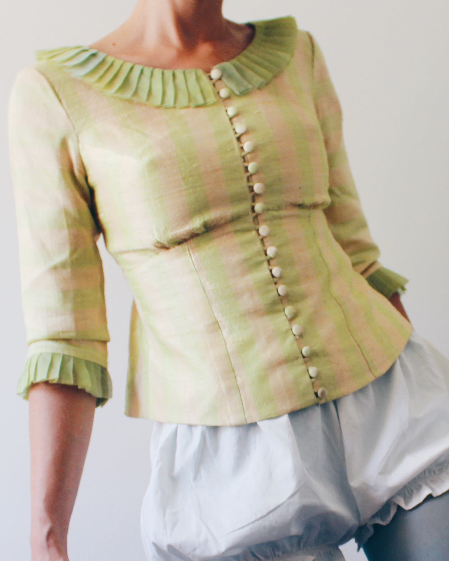 Handmade Green Striped Blouse Medium | Circuscore Empire Waist Pleated Ruffle Top | Whimsigoth Quirky Fairycore Button Up 3/4 Sleeve