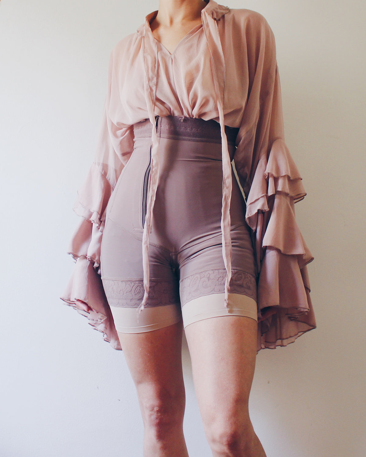 Mauve Layering Shapewear with Lace Lined Bottom, Asymmetrical Zipper, Under Bust, Detachable Straps, Soft Goth Accessory