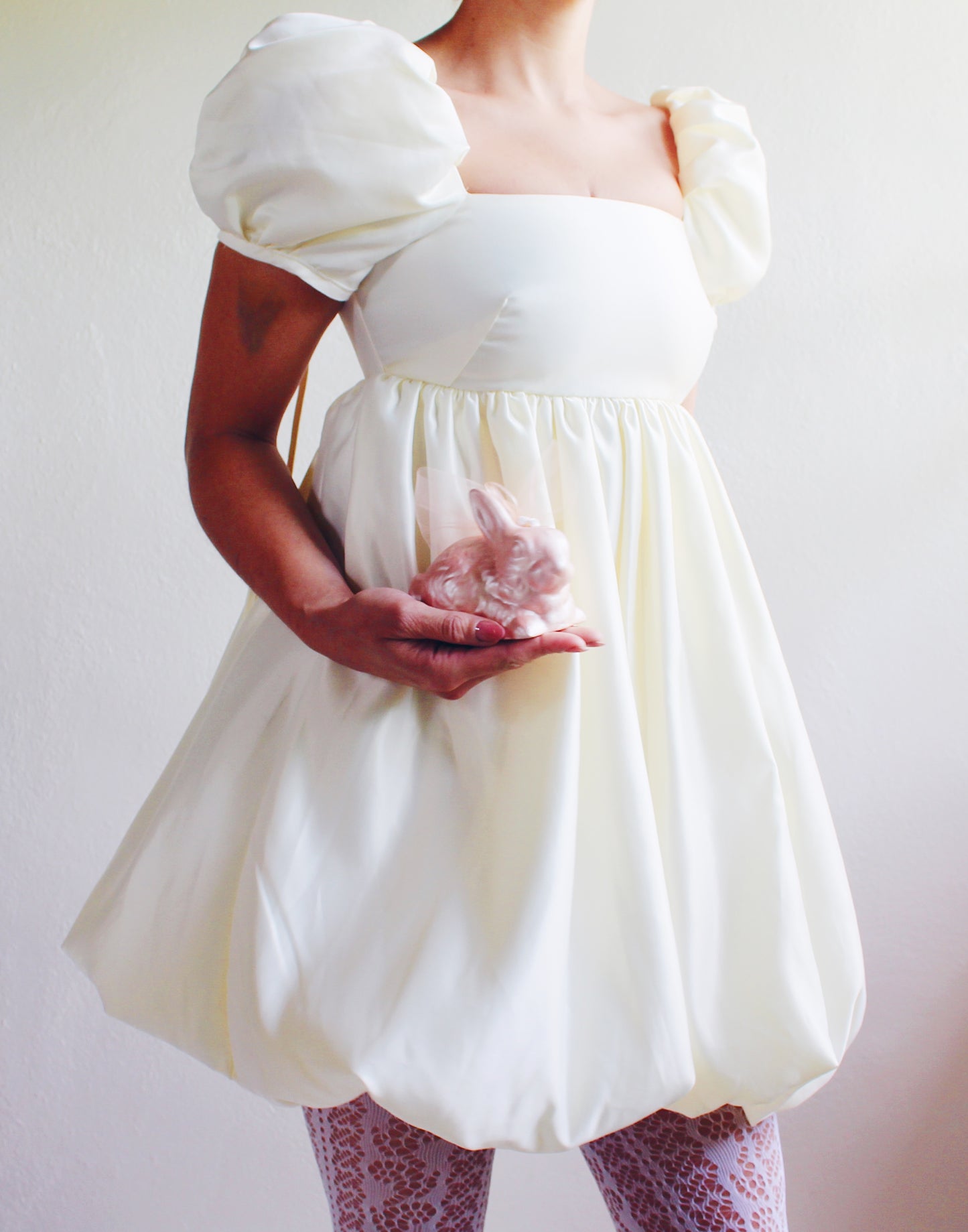 Upcycled Cream Babydoll Dress - Selkie like Cute Coquette Style with Bubble Sleeves | Perfect for Formal Events