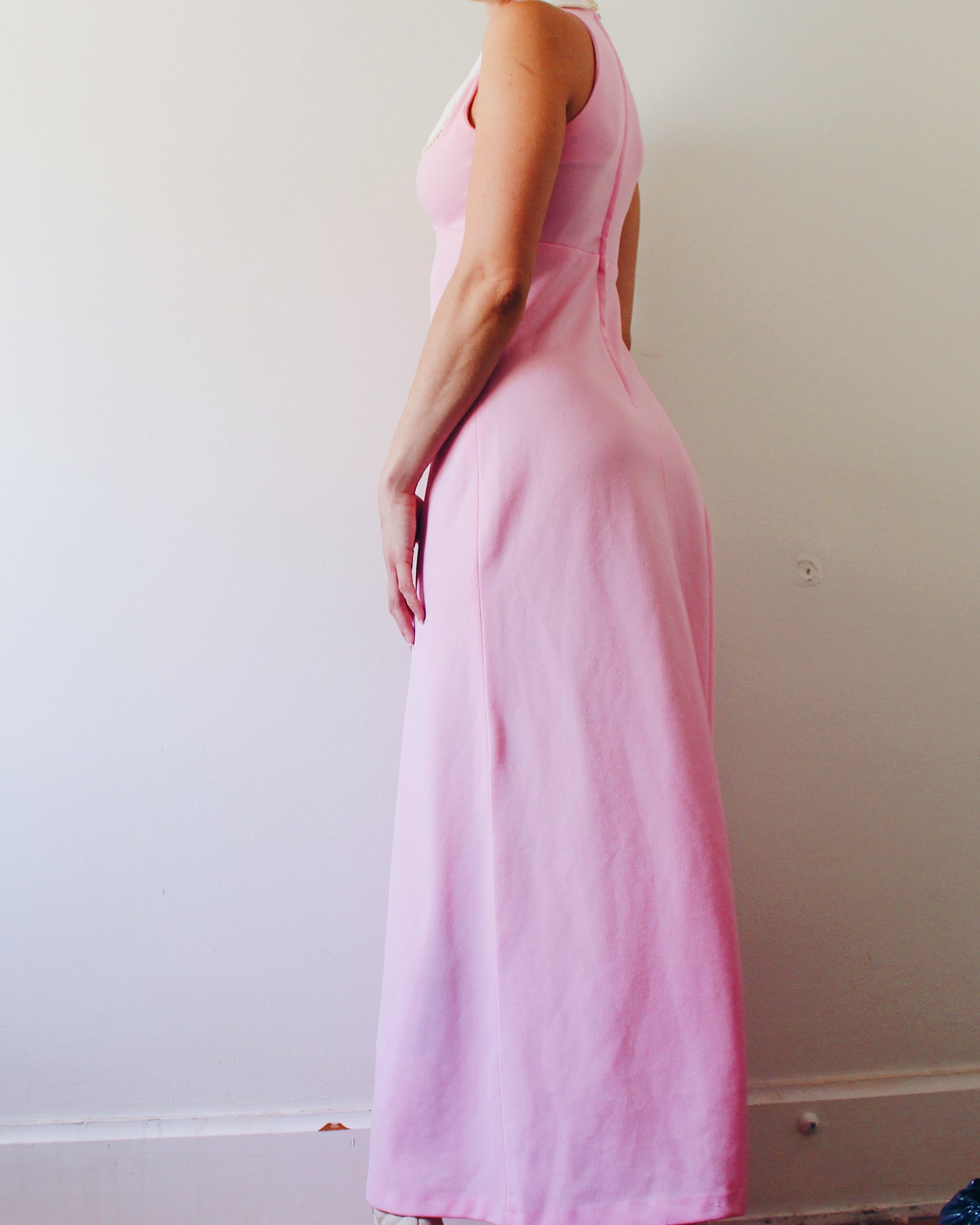 Vintage 1970s Handmade Pink Dress S | Peter Pan Collar Empire Waist | Moonrise Kingdom Wes Anderson Aesthetic | Retro Cottagecore Sleeveless