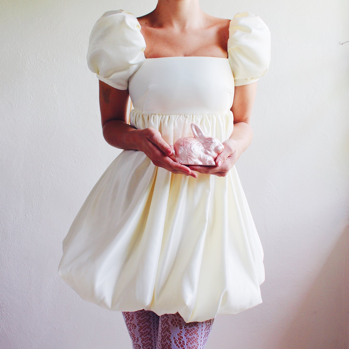 Upcycled Cream Babydoll Dress - Selkie like Cute Coquette Style with Bubble Sleeves | Perfect for Formal Events