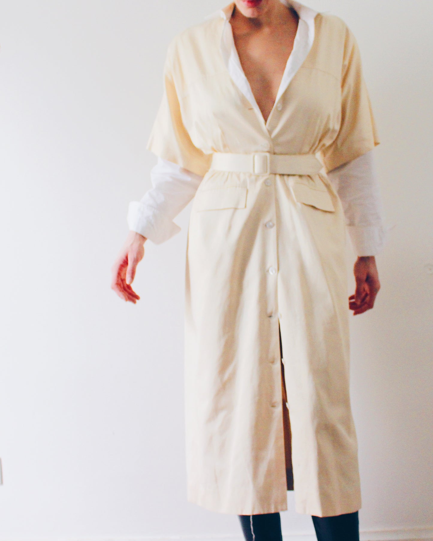 Vintage 90s Silk Trench‑Style Short Sleeve Dress – Cream Belted Waist, Professional Chic Maxi Dress