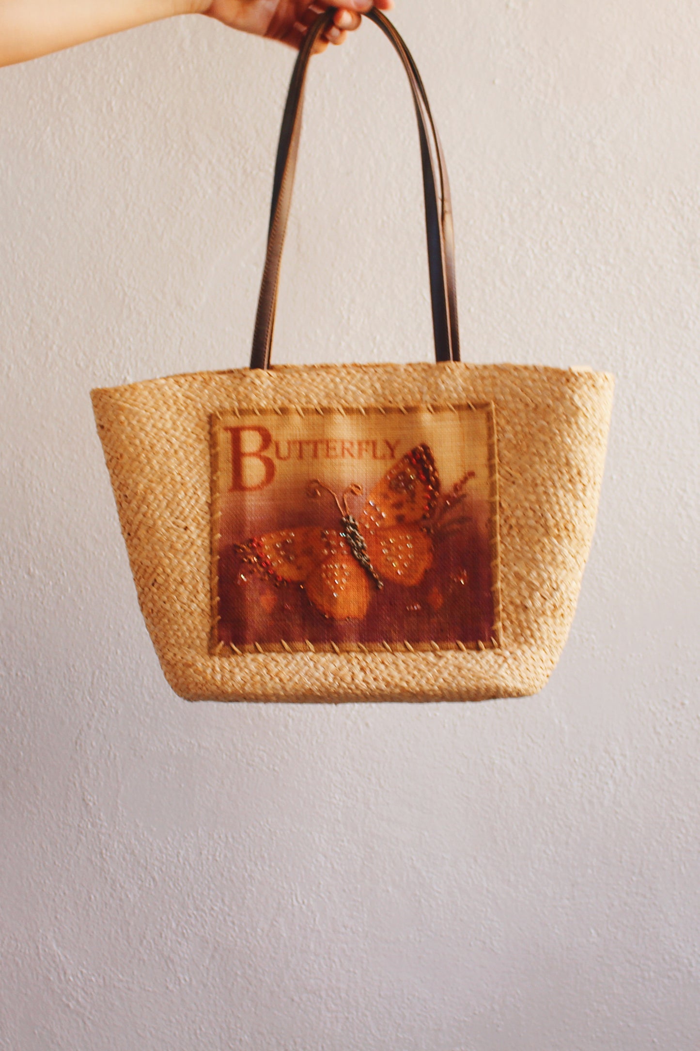 Vintage Whimsigoth Wonder: 90s Straw Tote with Illustrated Butterfly Burlap Patch!