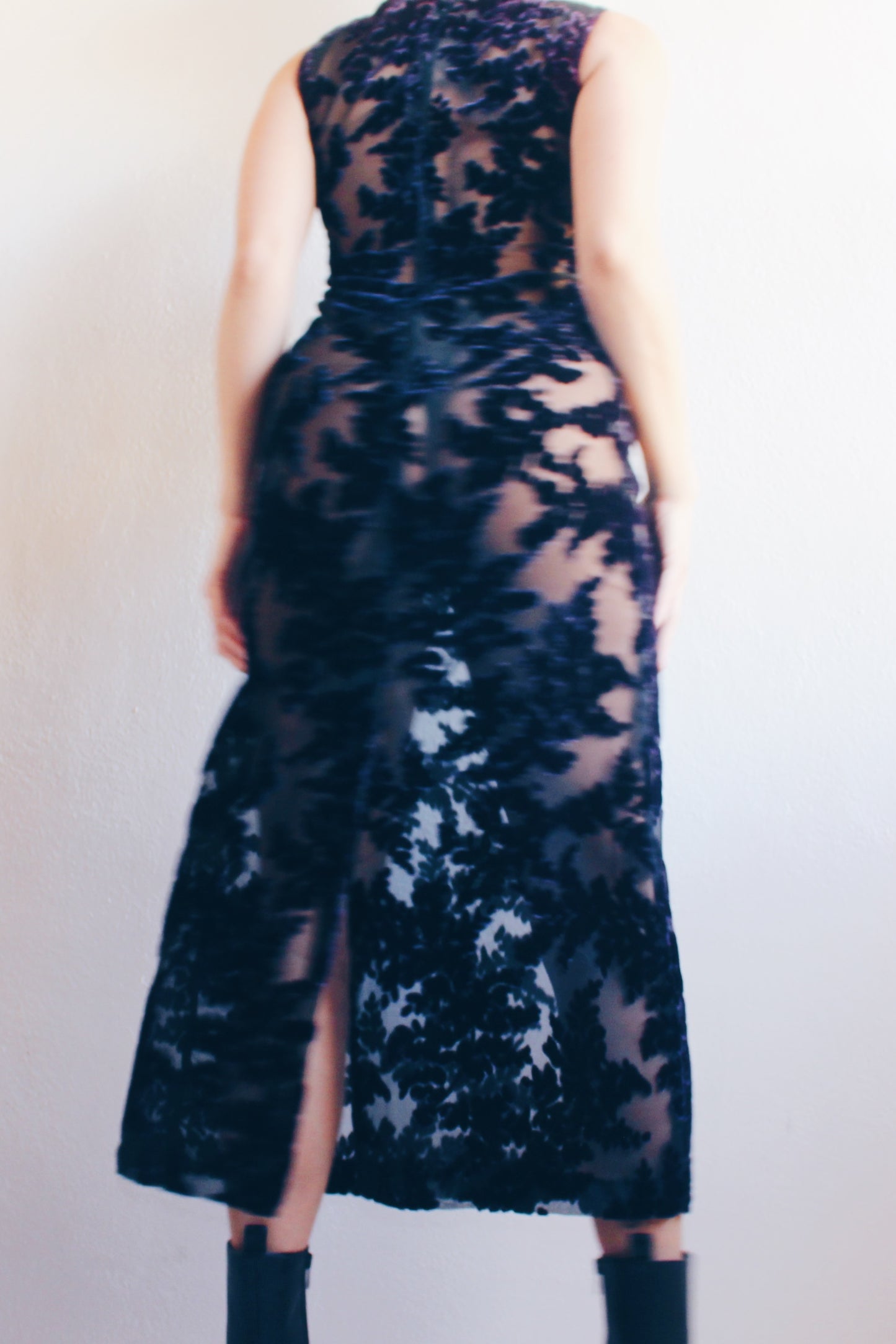 Gothic Elegance: Upcycled Sheer Long Dress with Dark Navy Velvet Florals for Burnout Bliss