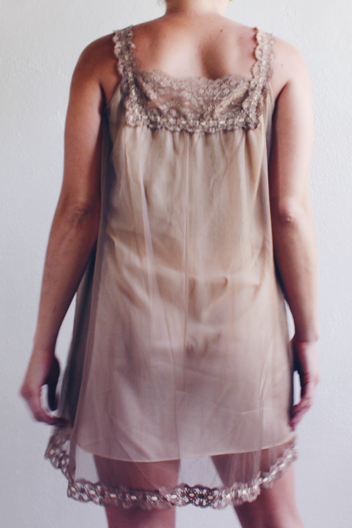 Whispering Lace Dreams: Vintage Chiffon Babydoll Slip with Layers of Romance