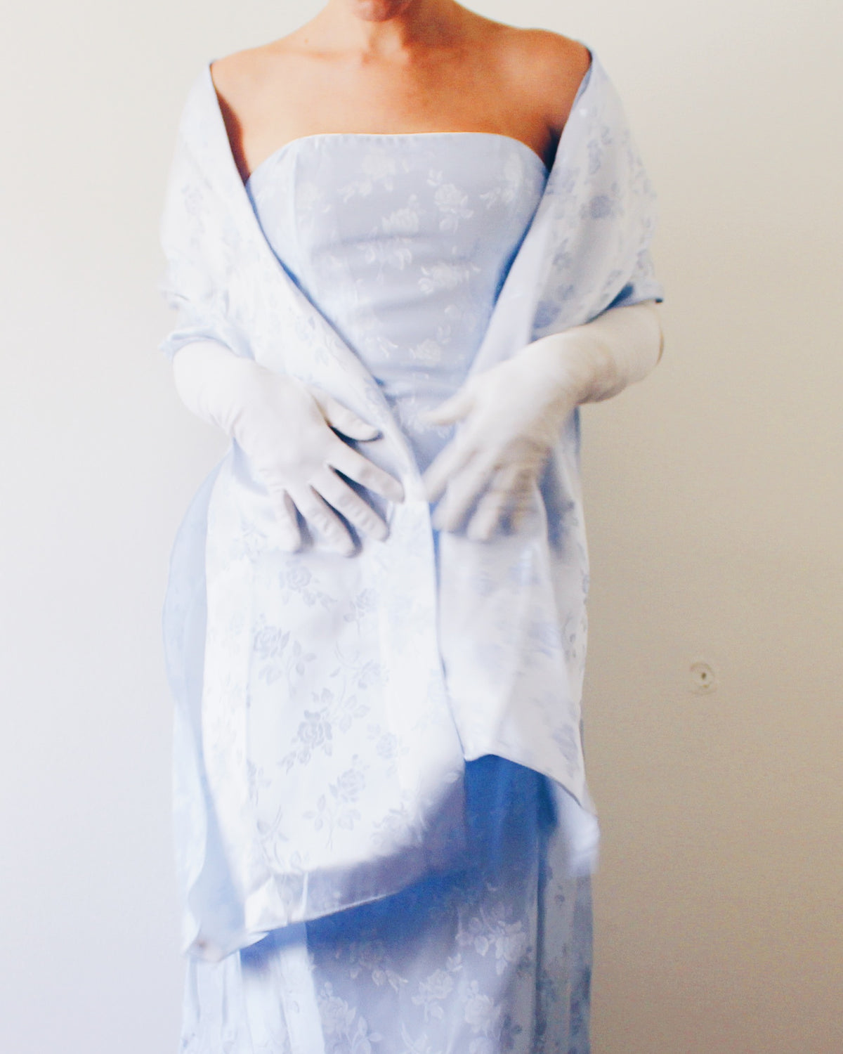 Deadstock Vintage Y2K Jessica McClintock Ice Blue Floral Formal Gown with Matching Wrap, Sleeveless Prom Dress