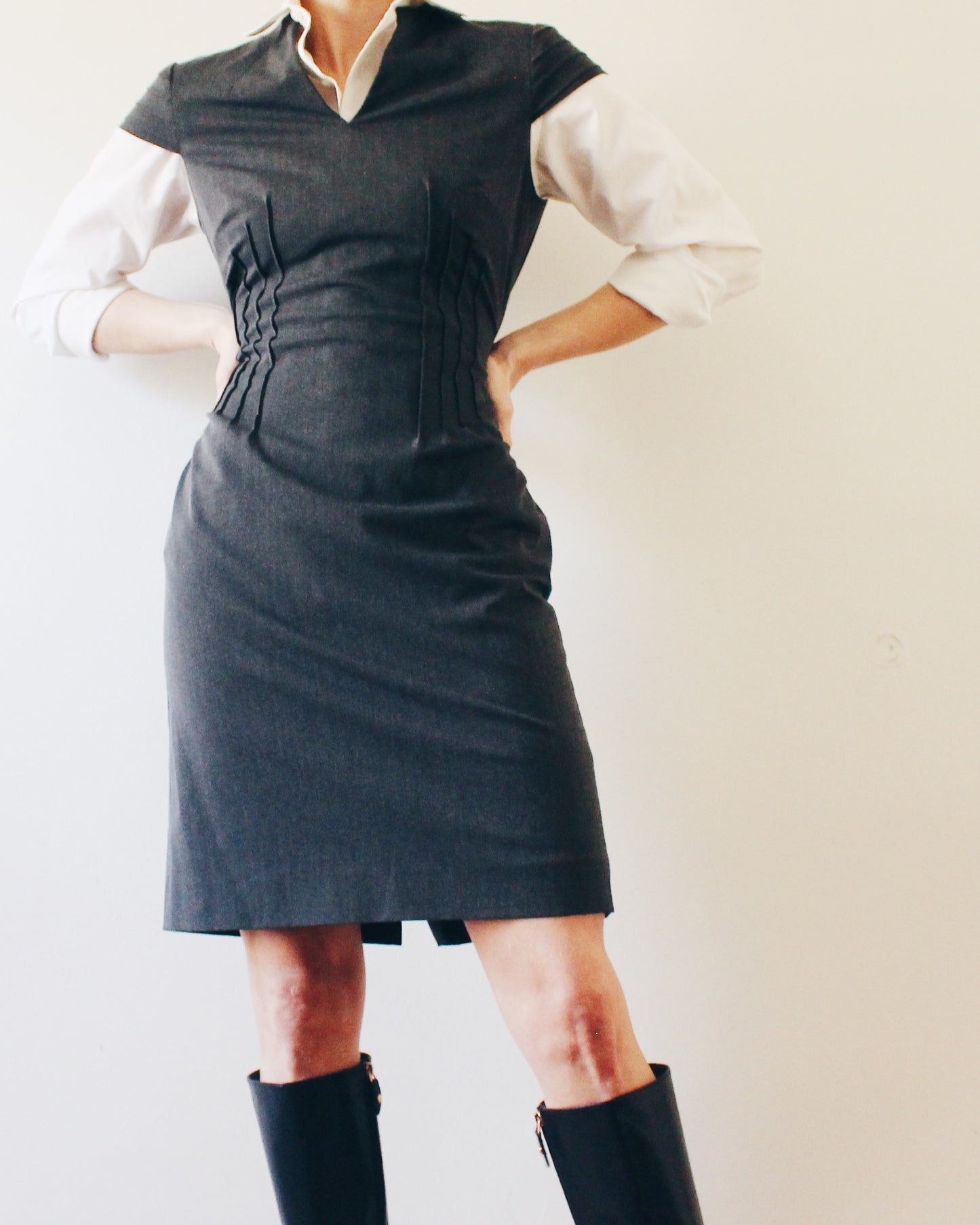 Office Layering Dress Gray Work Dress Professional Office Sheath Dress Short Sleeve Semi Formal Business Casual