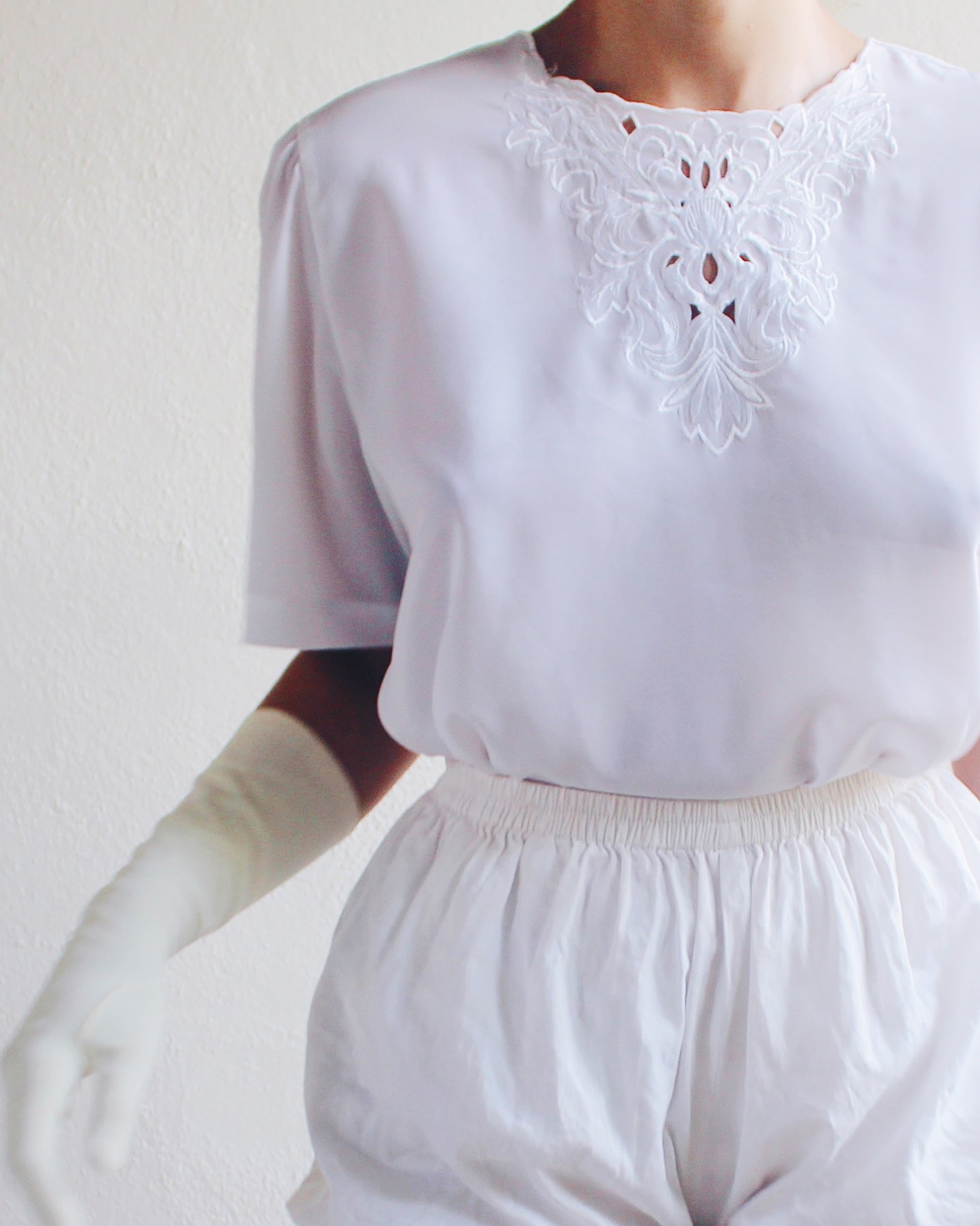 White Short Sleeve Coquette Vintage Revival Blouse - 1980s Button Back with Embroidered Cut-Out Bust | Frou Frou Edwardian Style