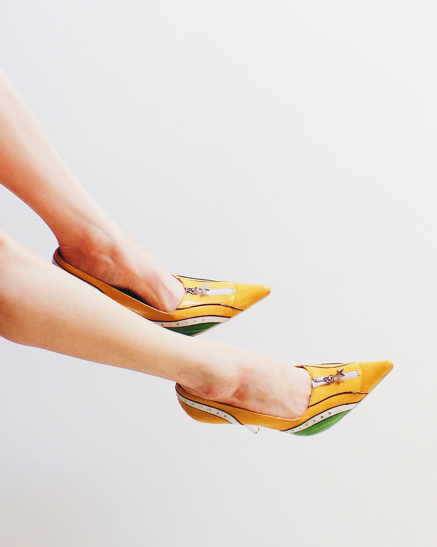 Vintage Y2K Yellow Green Stiletto Heels | Rhinestones & Mock Zipper | Sporty Statement Pointed Toe Pumps