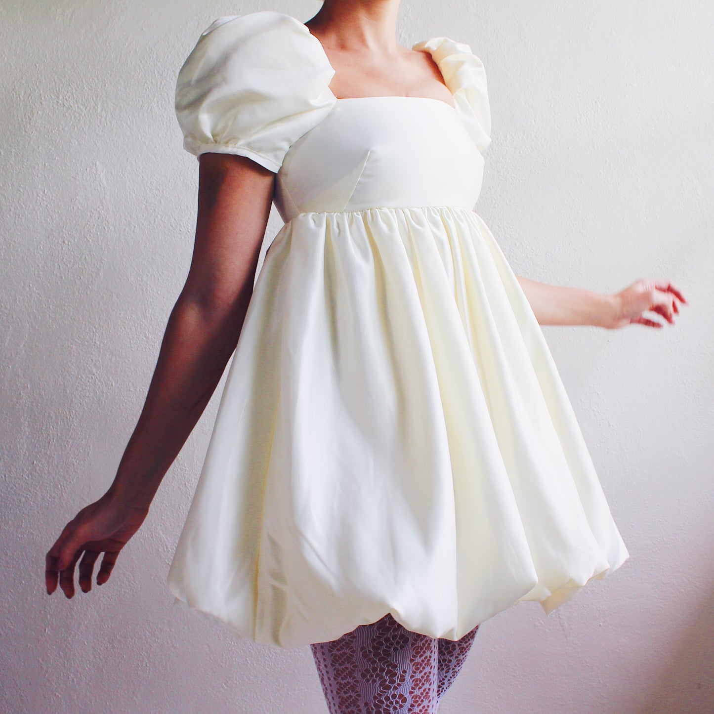 Upcycled Cream Babydoll Dress - Selkie like Cute Coquette Style with Bubble Sleeves | Perfect for Formal Events