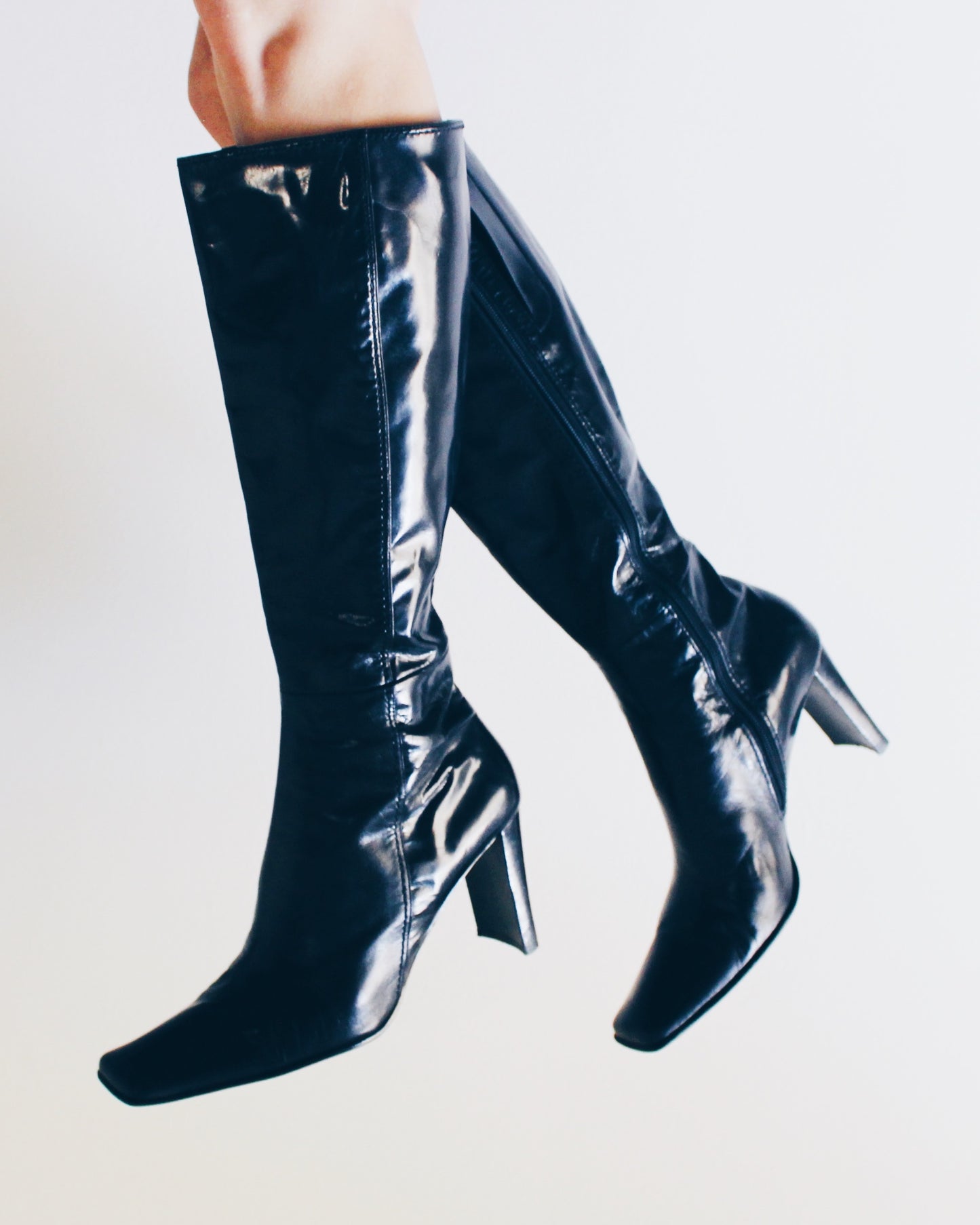 y2k Square Toe: Vintage Black Leather Nine West-Heeled Boots - Calf-Length Librarian Chic Shoes