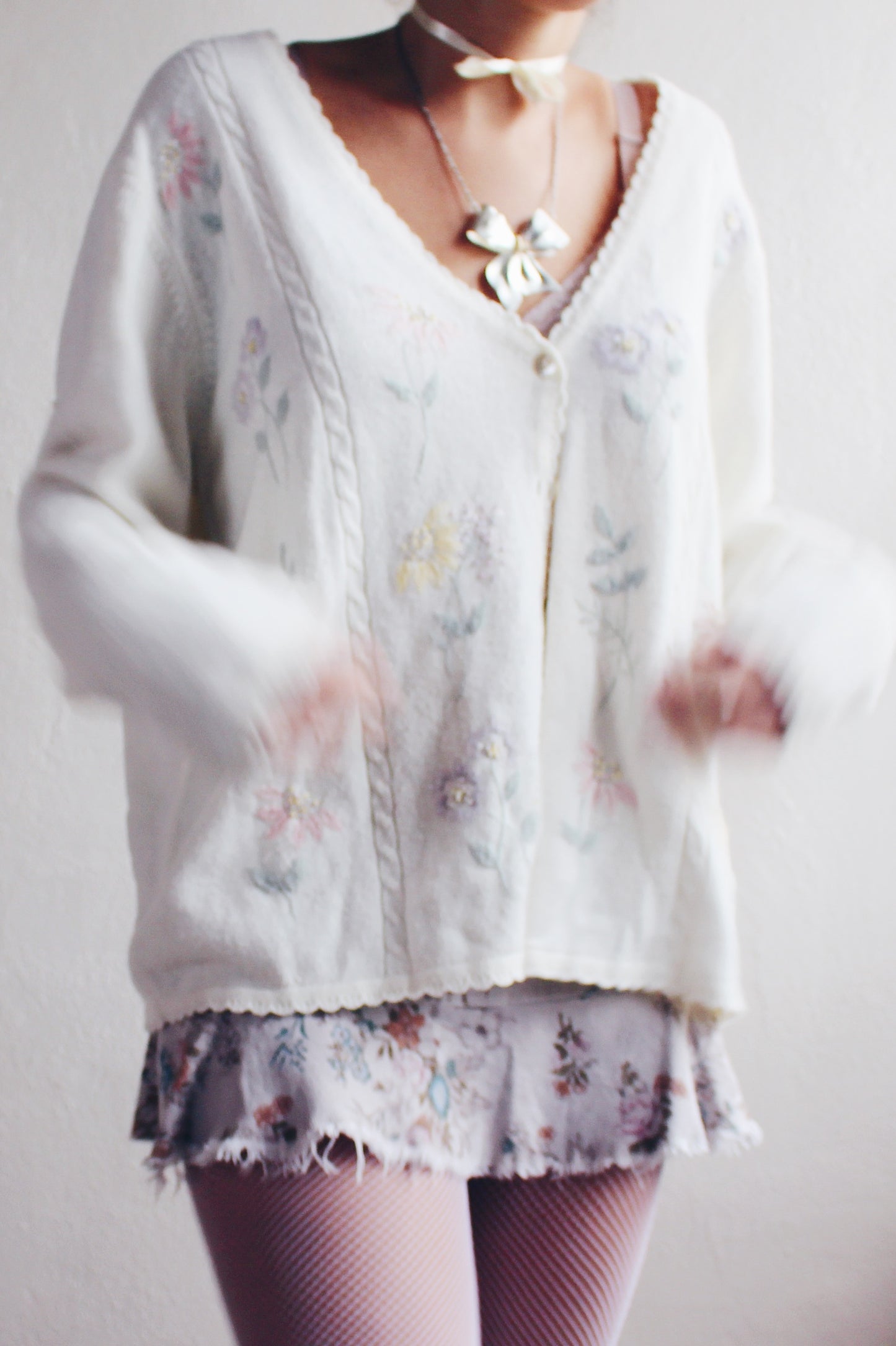 Vintage Cream Knit Floral Granny Cardigan | 1980s Retro Flower Sweater | Cozy Grandma Chic