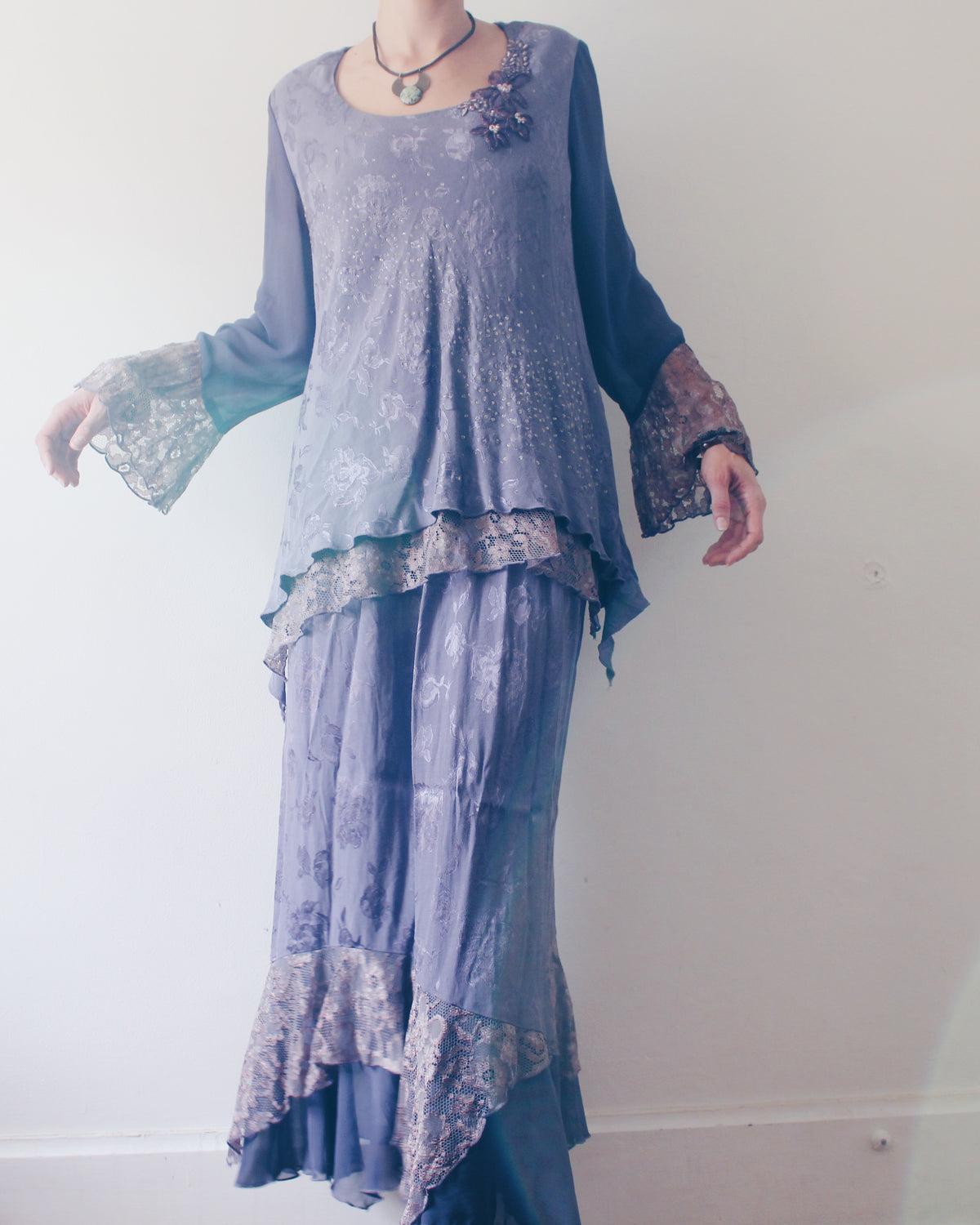 Vintage 90s Spencer Alexis Whimsygoth Two Piece Set, Dusty Purple Lilac Layered Midi Skirt and Embroidered Ruffle Sleeve Top
