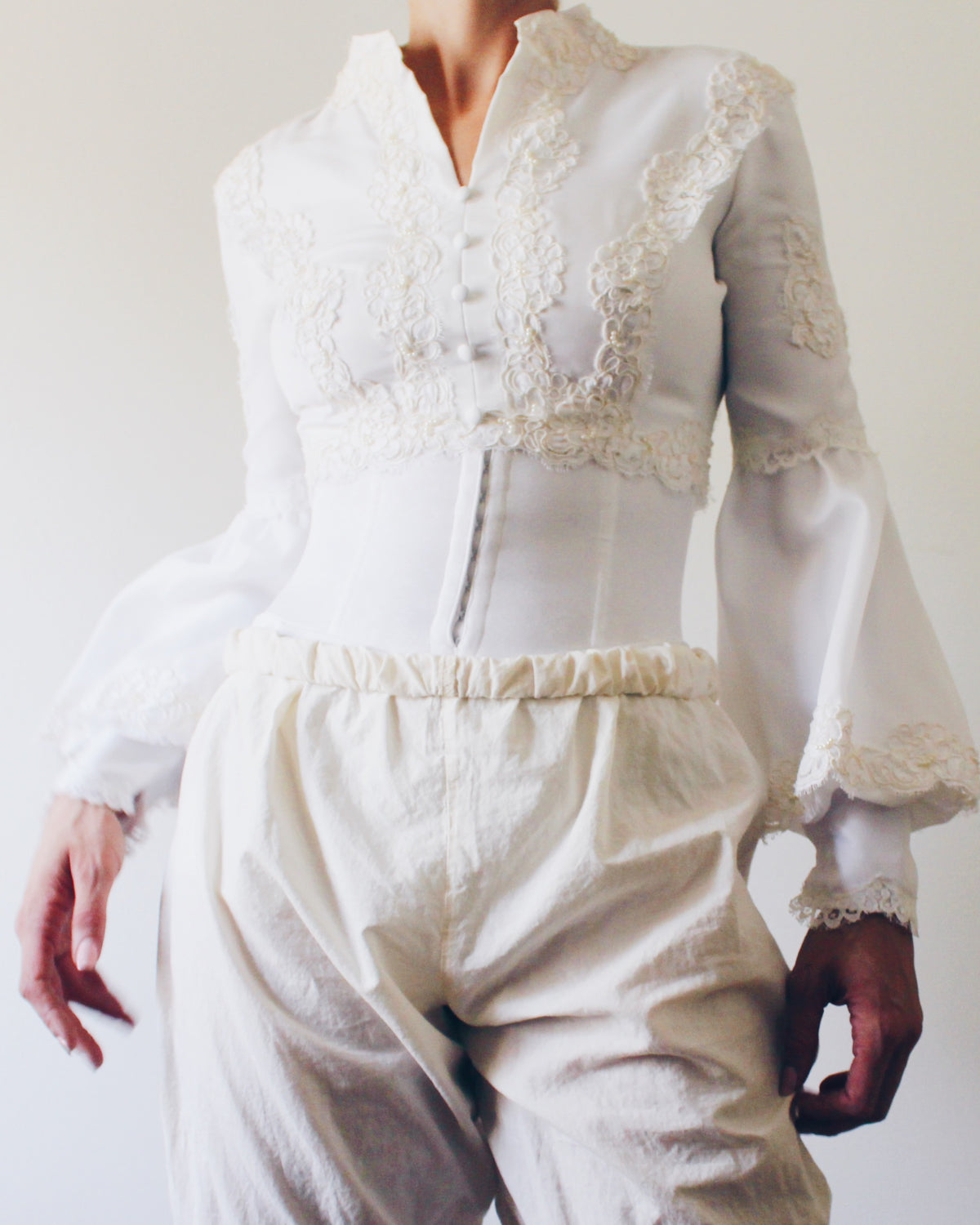 Upcycled Cropped Wedding Top, Lace Up Soft Goth Long Sleeve Blouse, Victorian Pirate Style Bell Sleeves, Made from Vintage Wedding Dress