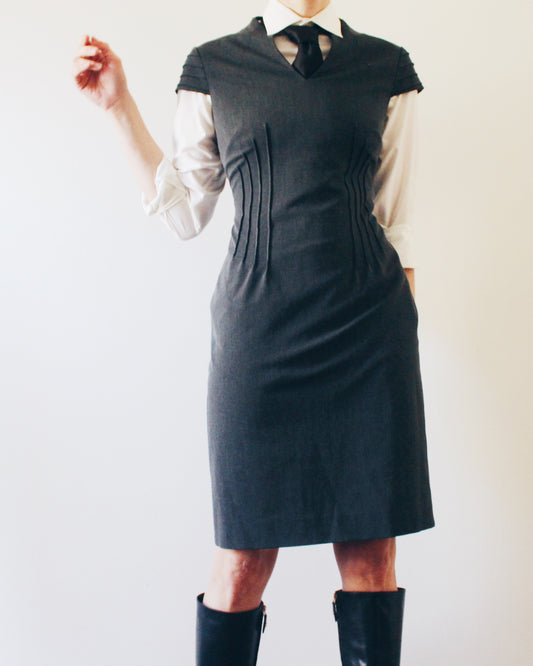 Office Layering Dress Gray Work Dress Professional Office Sheath Dress Short Sleeve Semi Formal Business Casual